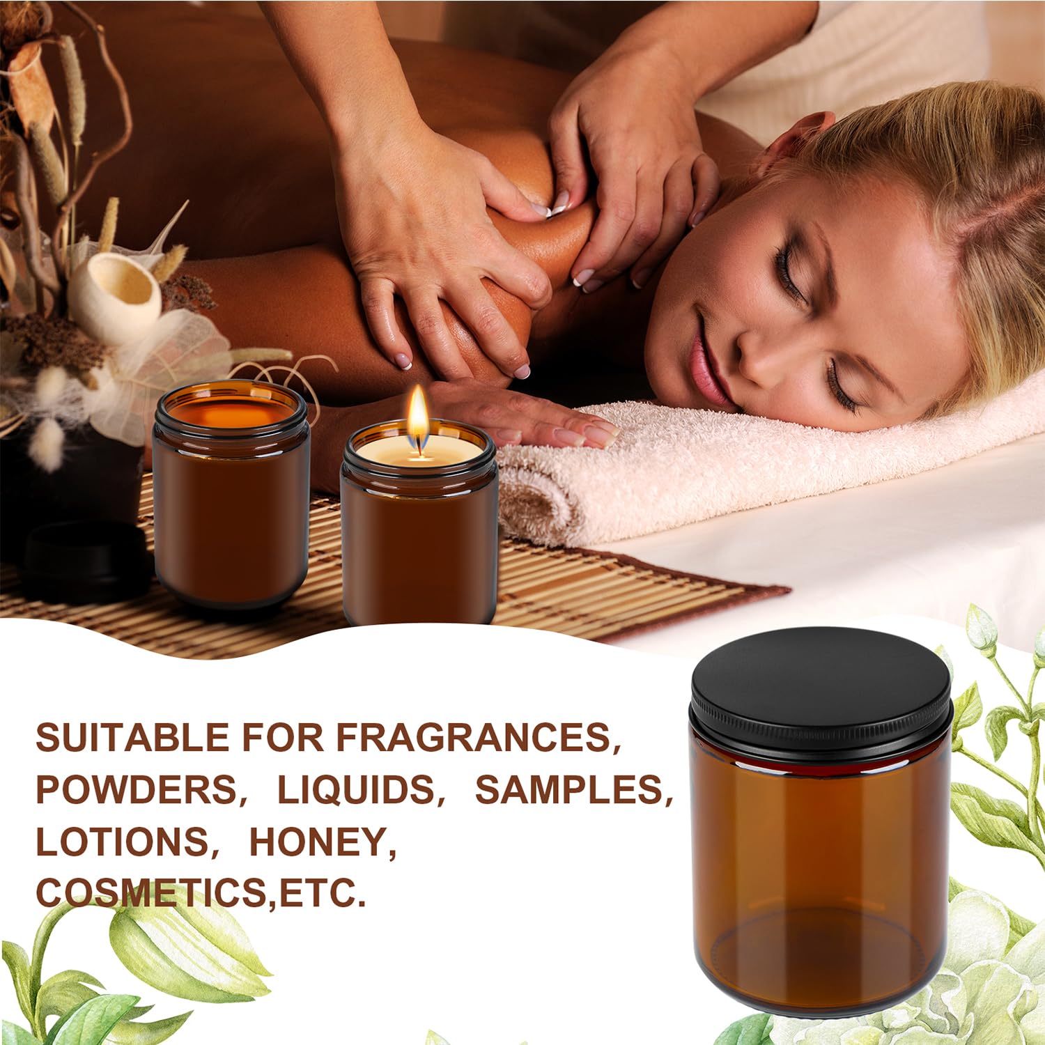 6 Pack Amber Glass Jars, 8 Oz Thick Amber Round Glass Jars, With Black Metal Lids, For Spice, Liquid, Sample, Leakproof And Dish