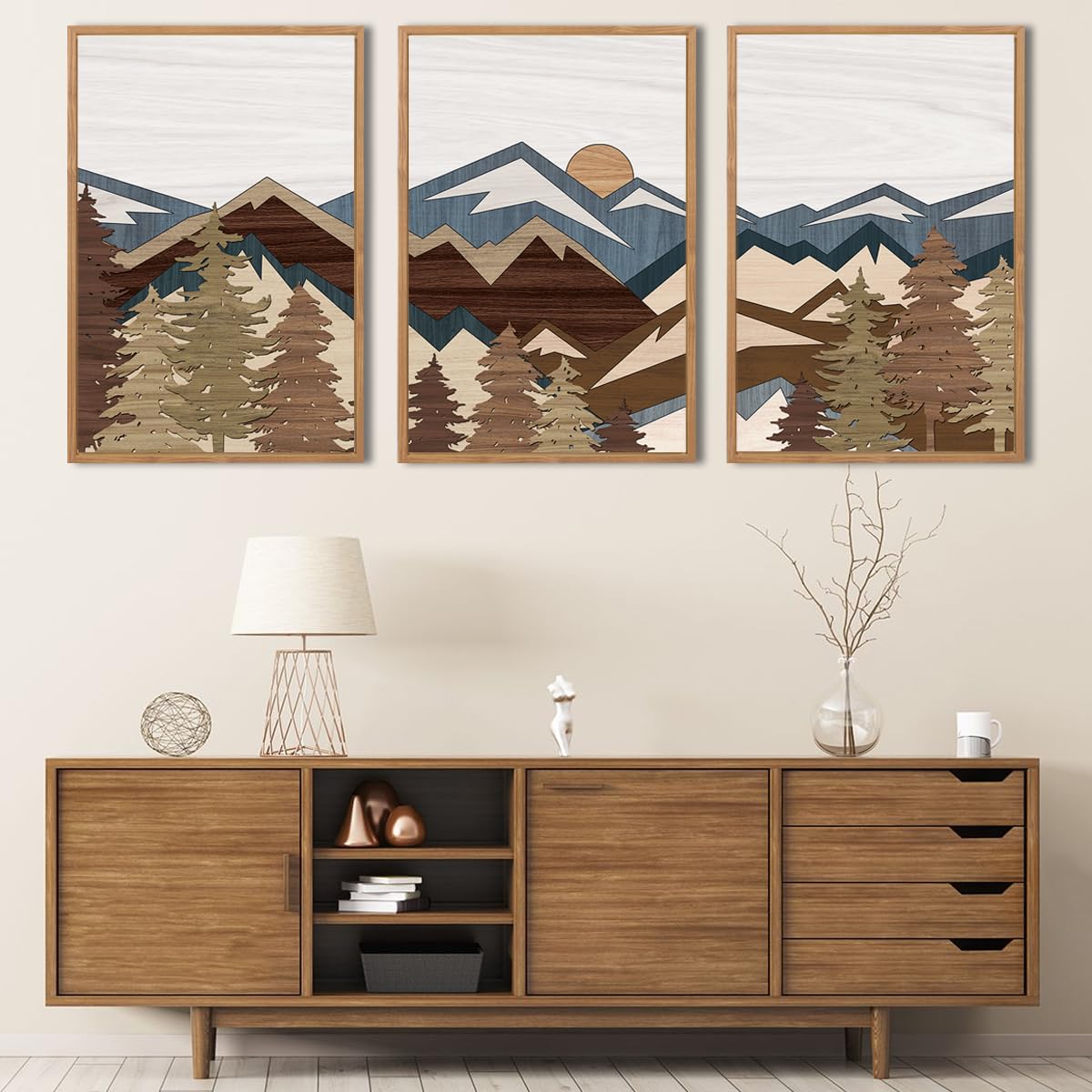 Bincue Large Boho Mountain Canvas Framed Wall Art Set Of 3 Forest Mountain Sun Wall Decor Boho Artwork For Living Room Bedroom O