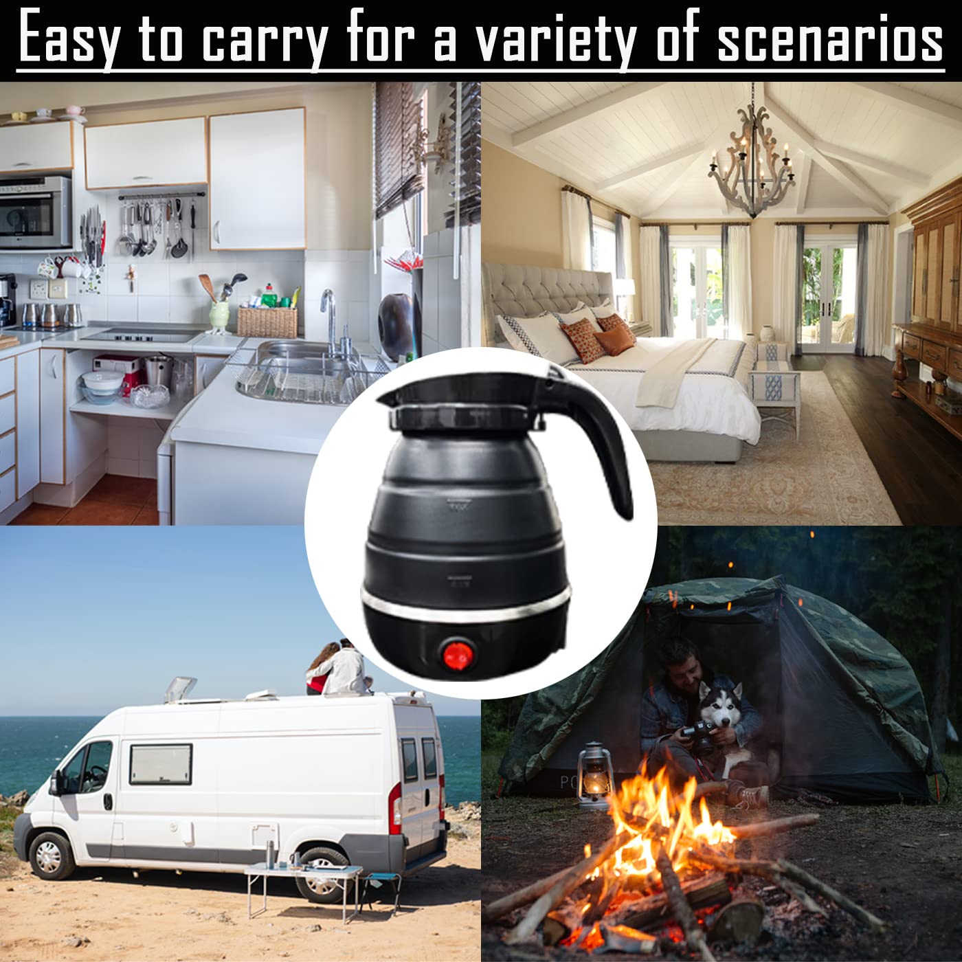 VANZO Foldable Electric Travel Kettle - Portable and Convenient Silicone Collapsible Water Boiler and Tea Pot for Camping - Easy Storage with Detachable Power Cord (Black)   (WHH-649)