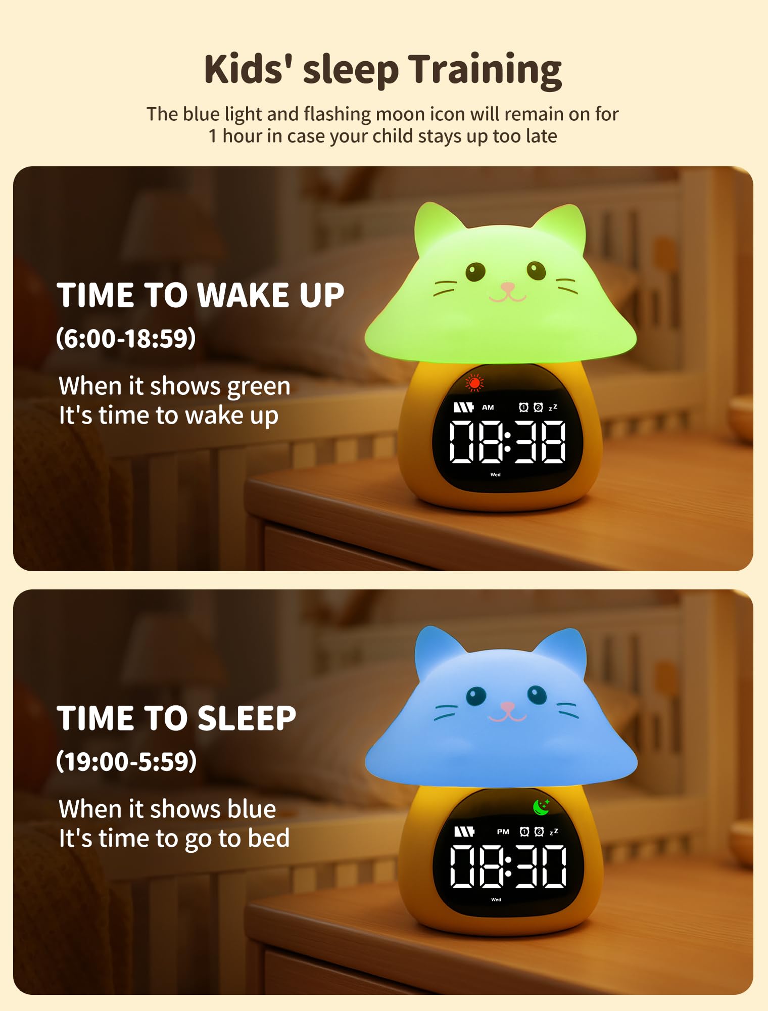 MASHI Mushroom Cat Alarm Clock, Toddler Sleep Training Clock with Sun & Moon, Sleep Sound Machine, Night Lights, Alarm Clock for