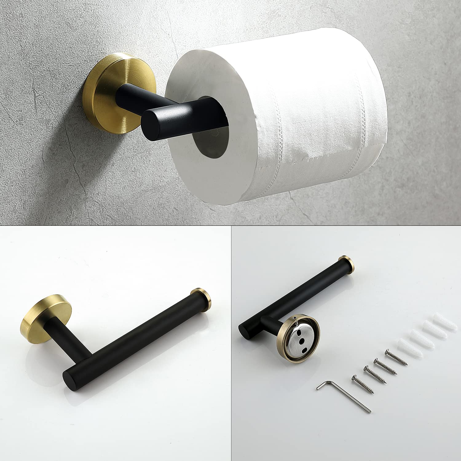 Ntipox 4 Piece Stainless Steel Matte Black and Brushed Gold Bathroom Hardware Set Include Hand Towel Ring Holder  Toilet Paper Holder and 2 Robe Towel Hooks Bathroom Accessories Kit