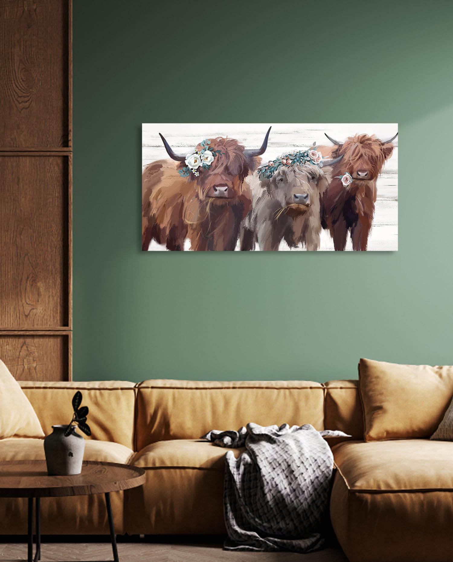 Highland Cow Canvas Wall Art: Cow Floral Picture Farmhouse Kitchen Decor Funny Animal Long Haired Scottish Cow Paintings Framed