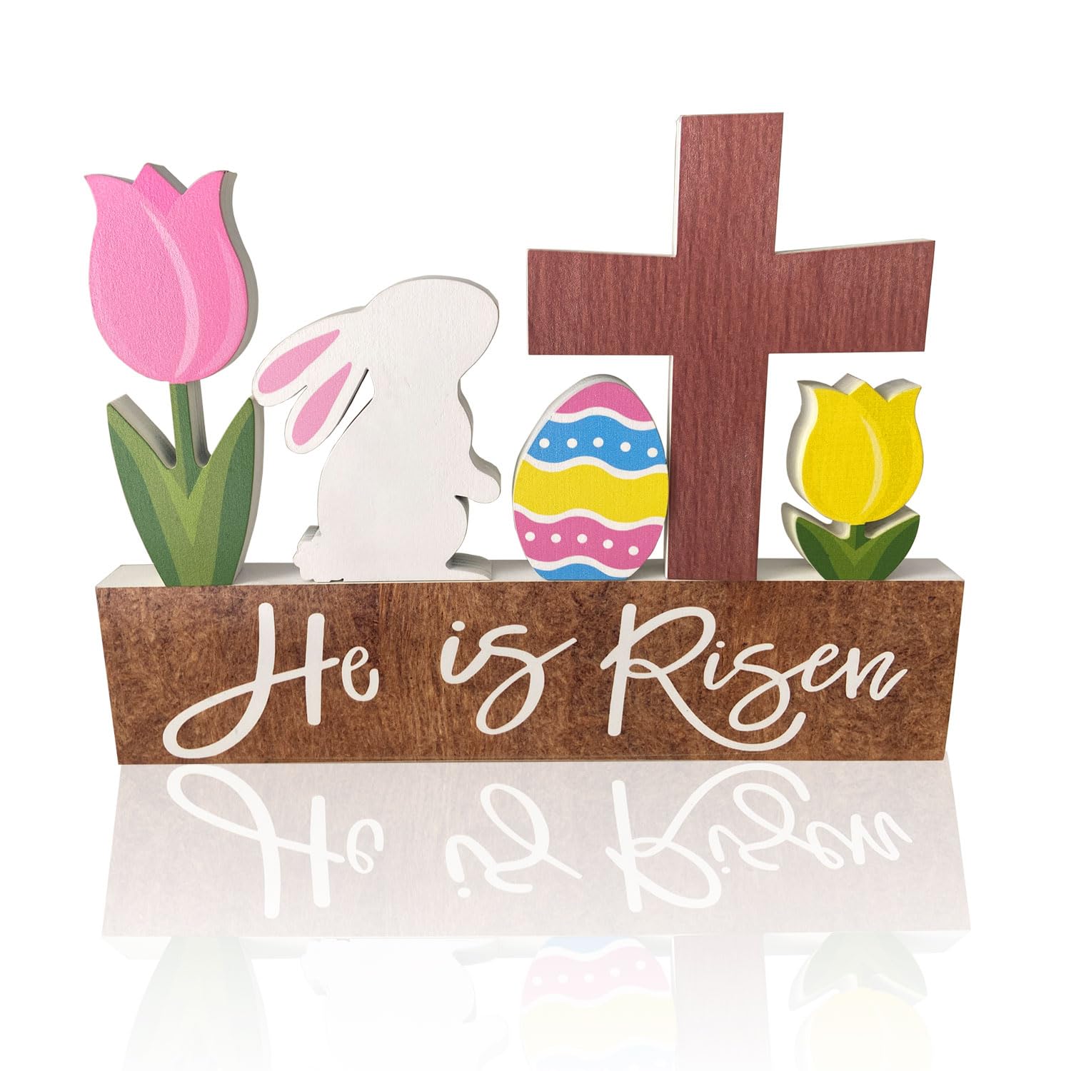 He is Risen Wood Block Table Sign Wooden Bunny Tulips Cross Table Top Decorations Tiered Trays Desk Shelf Easter Home Office Cof