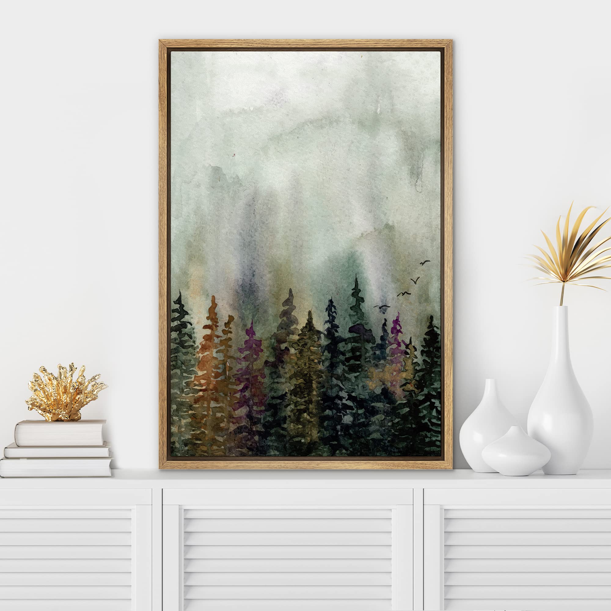 Signwin Framed Canvas Print Wall Art Woodland Nursery Decor Green & Purple Watercolor Forest Trees Floral Nature Illustrations M