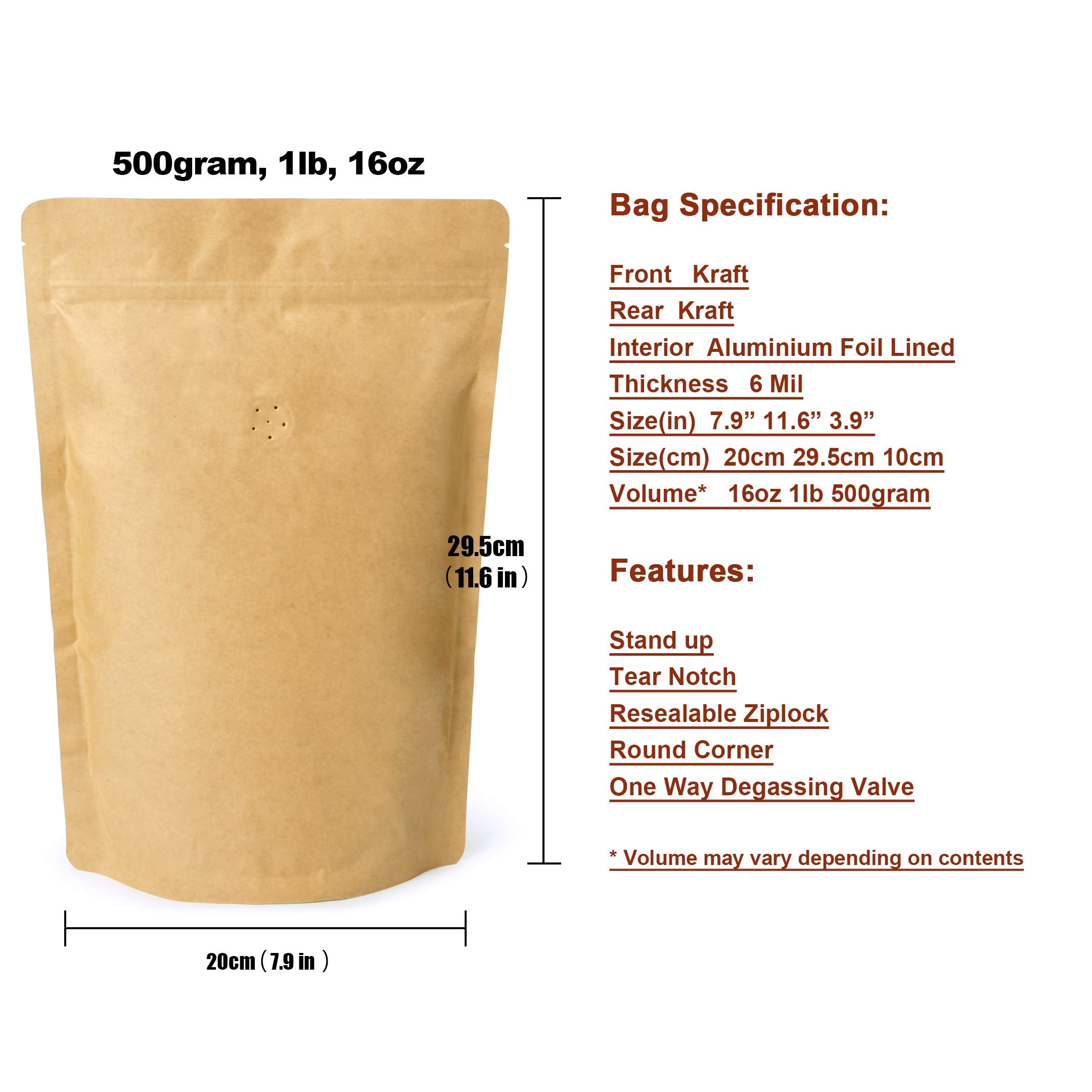 500G 16Oz 1Lb Kraft Paper Stand Up Zipper Pouches Coffee Bags Coffee Pouches With Valve (Pack Of 50)