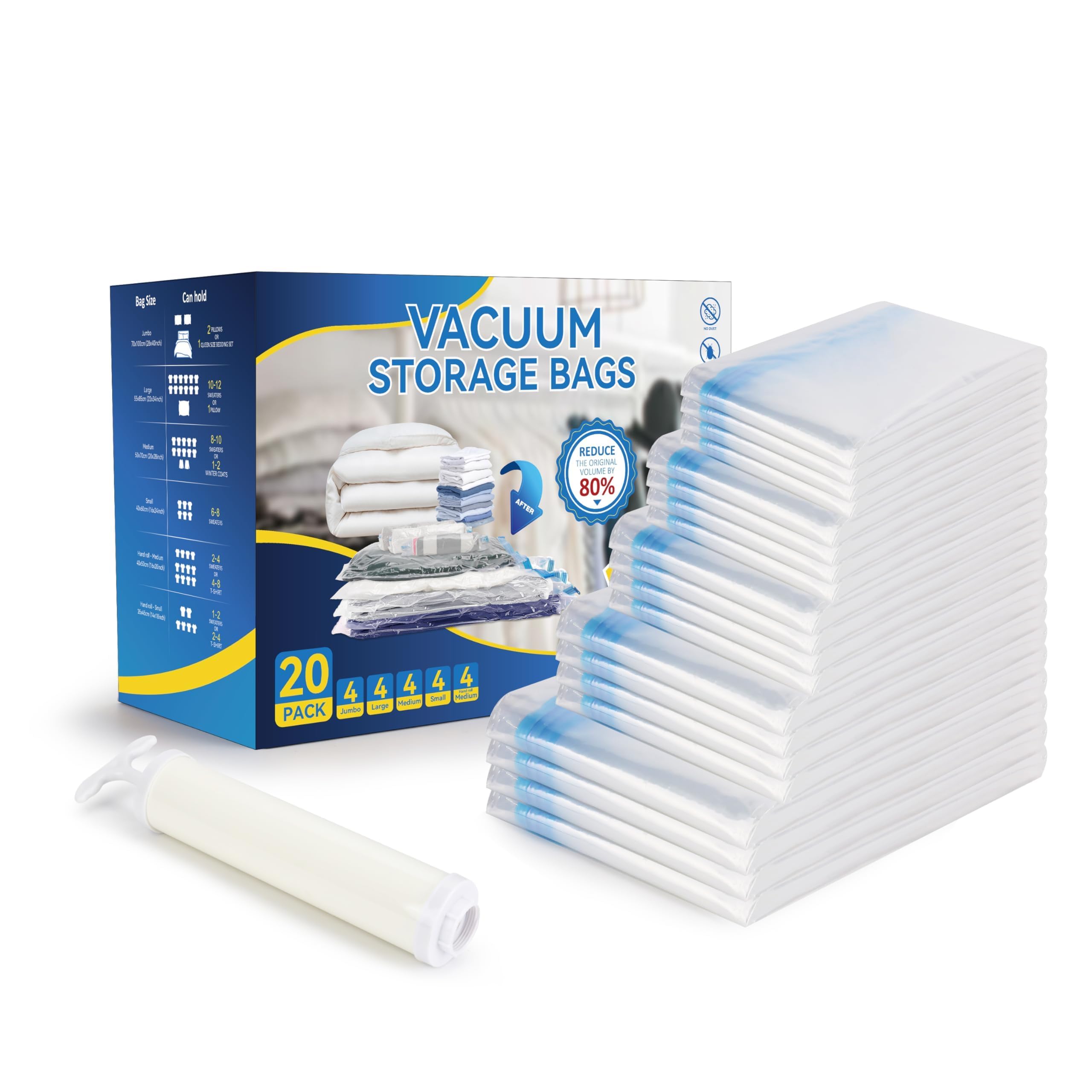 Simple Deluxe 20 Pack Vacuum Storage Bags, Space Saver Bags With Hand Pump, Vacuum Seal Bags For Clothing, Comforters, Blankets,