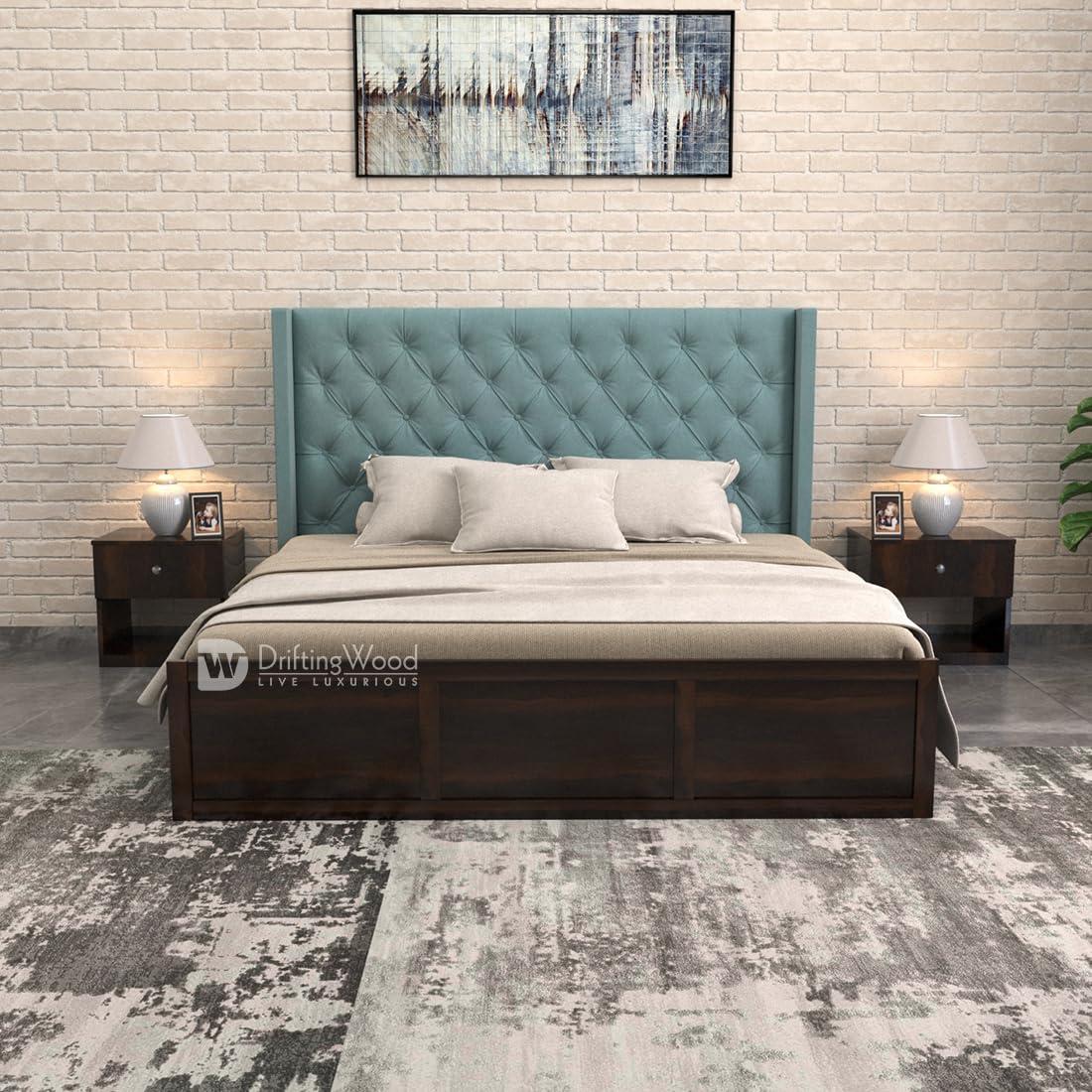 Driftingwood Maya Solid Sheesham Wood King Size Bed With Storage | Wooden Double Bed Cot Bed With Box Storage & Upholstered Cush
