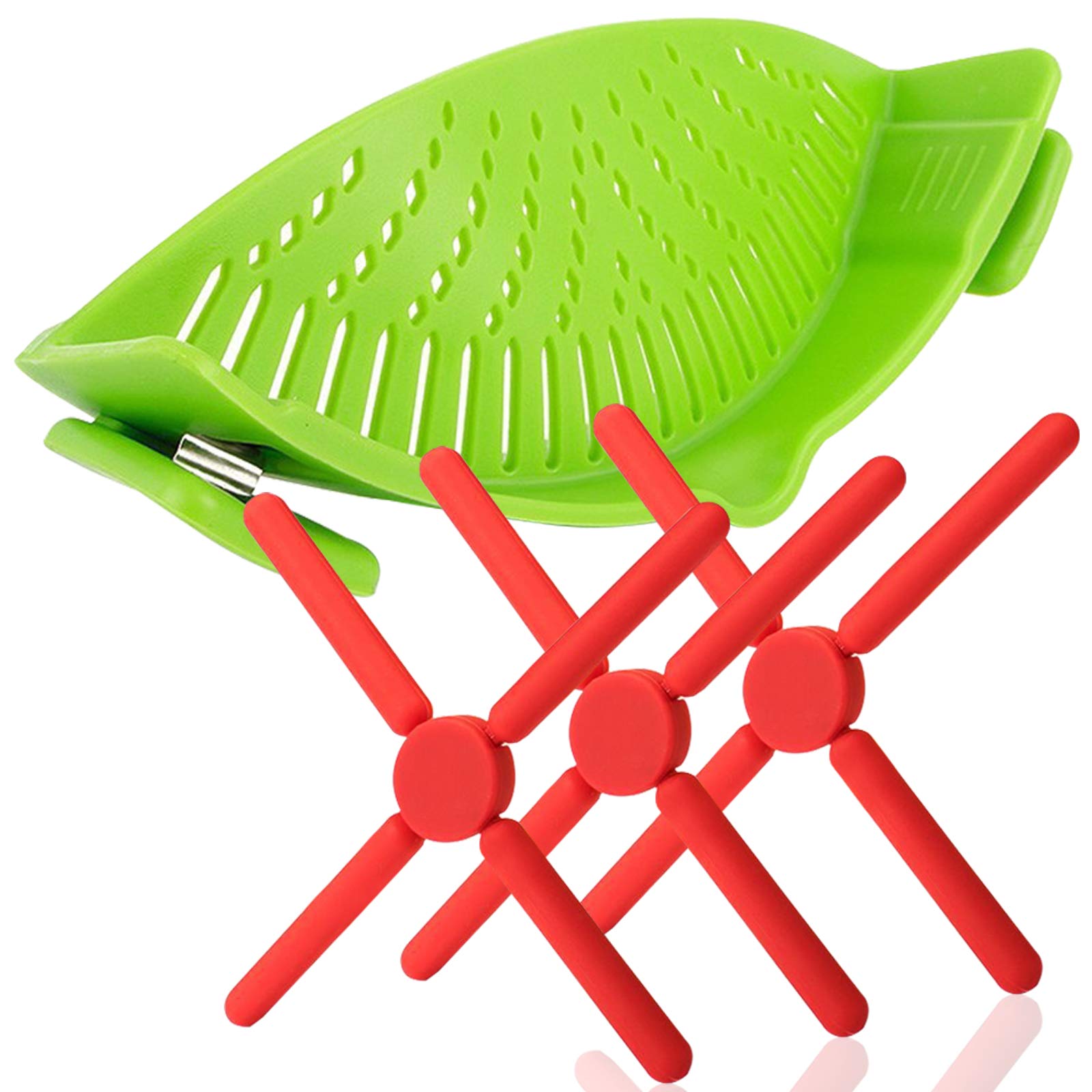 Set Of 4, Snap Strainer And Non-Slip Foldable Silicone Trivets, Findtop Clip-On Heat Resistant Pour Spout And Collapsible Cross