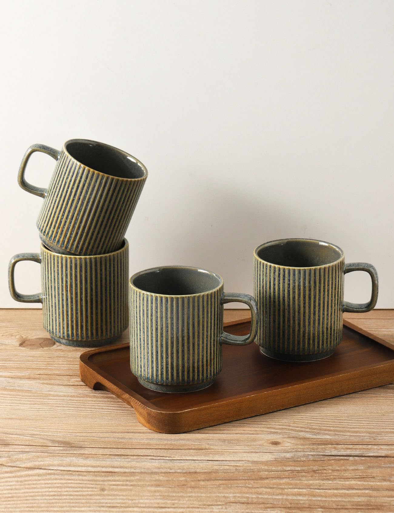 Seyatoo Coffee Mugs Set of 4, Ceramic Ribbed Tea Coffee Cups with Handle, Large Porcelain Mug for Americano, Latte, Cappuccino, 