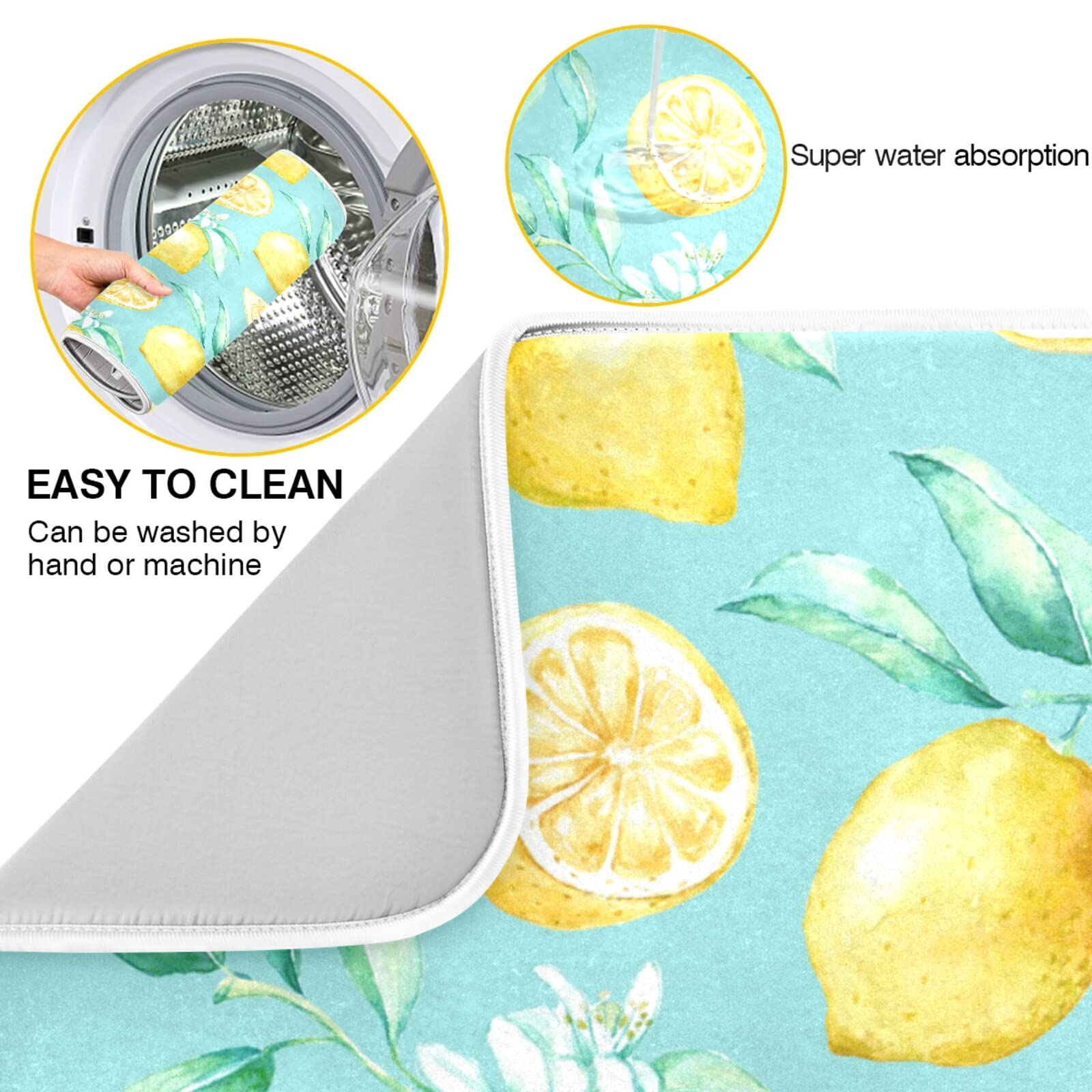 Absorbent Dish Drying Mat For Kitchen Counter - Yellow Lemon Teal Background Microfiber Drying Pad, Reversible Drainer Mats For