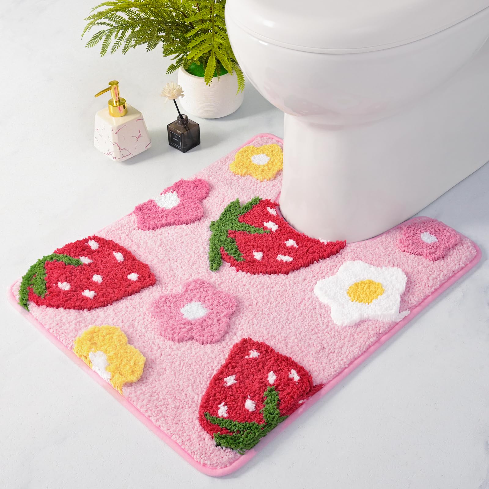 Anybar Pink Toilet Rugs U Shaped, Cute Strawberry Flower Bathroom Contour Toilet Mats,Extra Soft Absorbent Toilet Carpet Bathroo