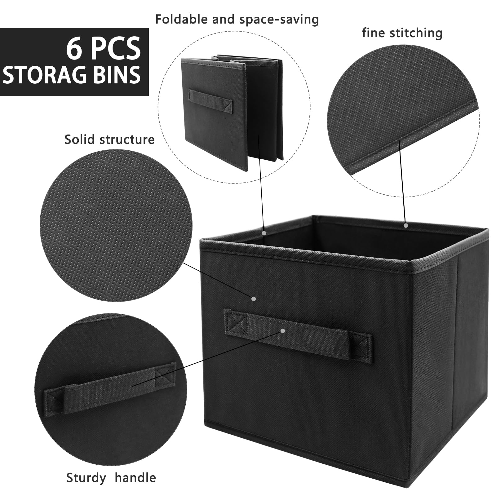 Ebigic Small Storage Bins[6 Pack] 9.0''X7.5''X7.5'' Small Size Fabirc Foldable Closet Toy Organizer Collapsible Cloth Black