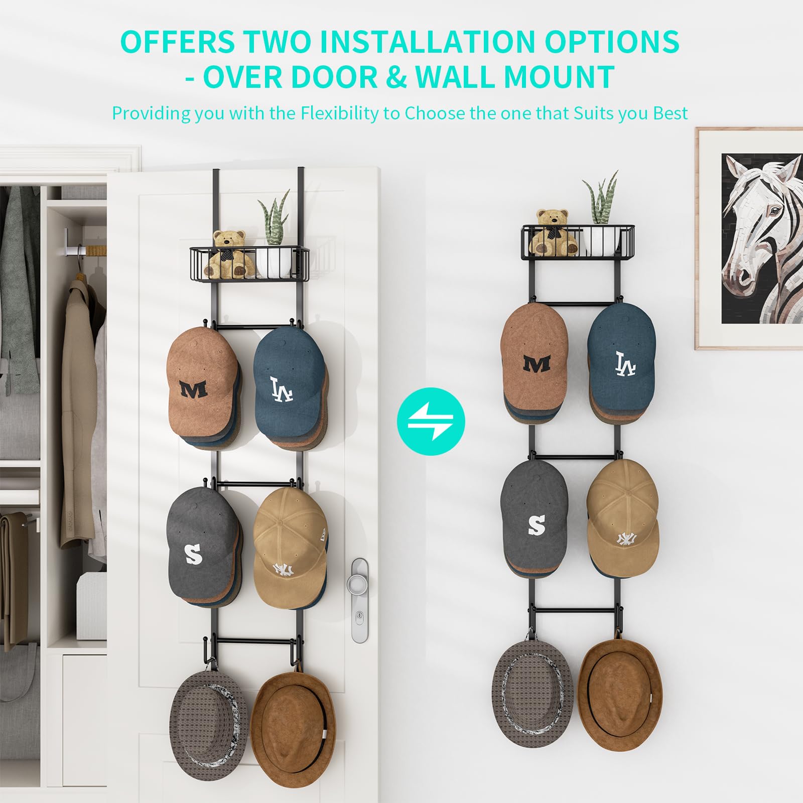 Hapirm Over Door Hat Rack - Hat Organizer For Baseball Caps, Wall Mounted Hat Holder With 6 Hat Hooks And Metal Basket Design, H