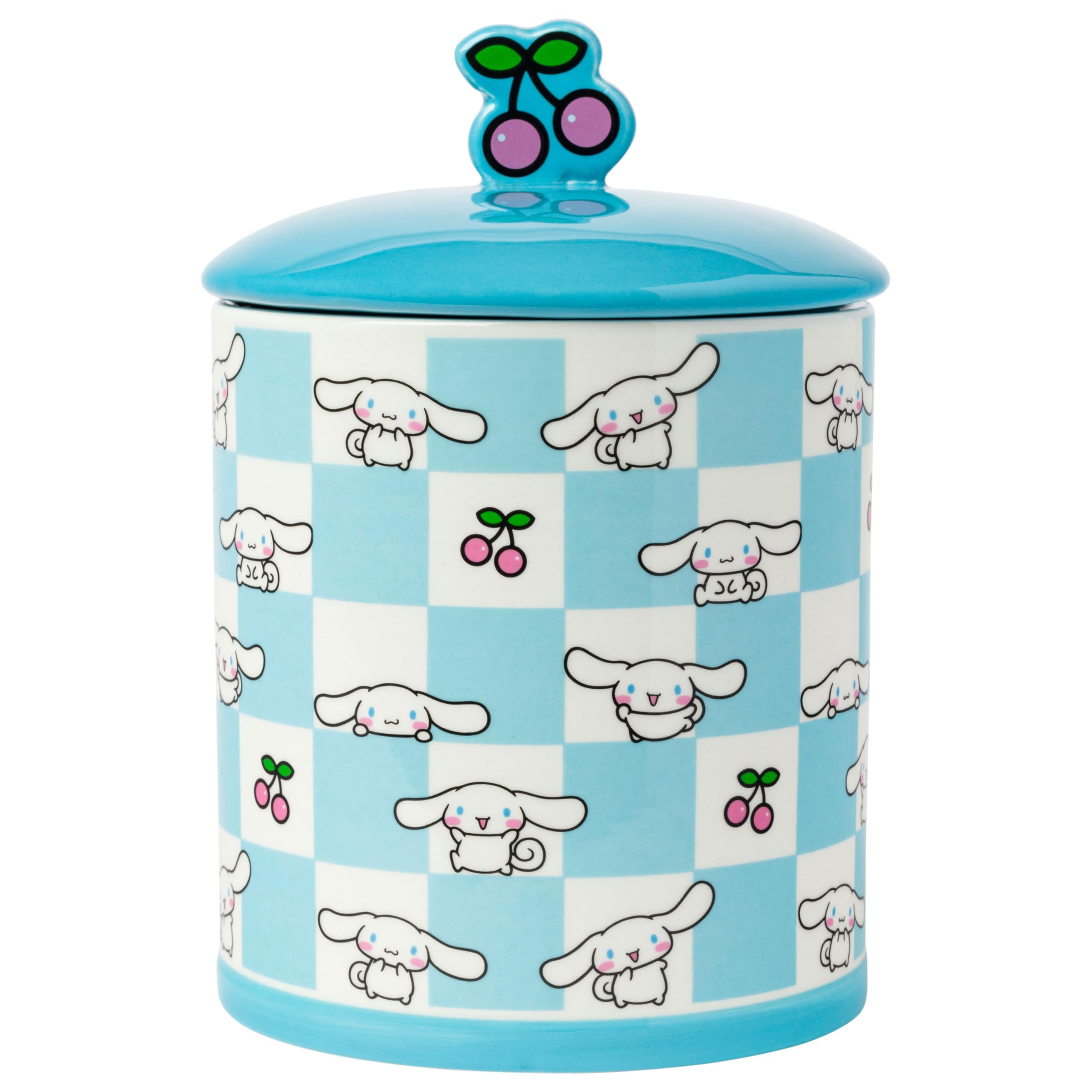 Silver Buffalo Sanrio Hello Kitty and Friends Cinnamoroll Cherries Blue Checkered Ceramic Cookie Snack Jar (Large)