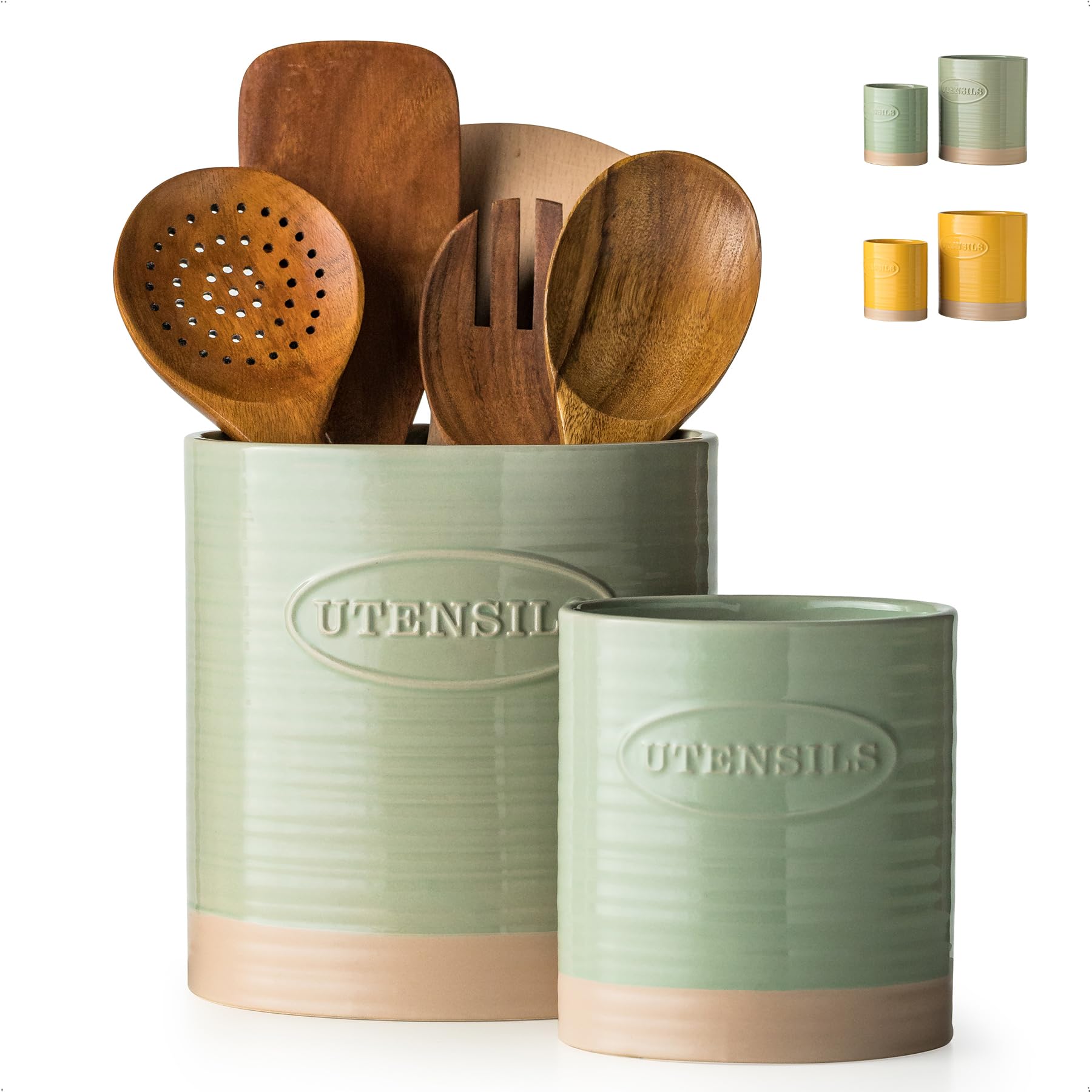 YHOSSEUN Kitchen Utensil Holder, 6.7+5.1 Ceramic Utensil Holder for Kitchen Counter, Oval Cooking Utensil Crocks for Countertop,