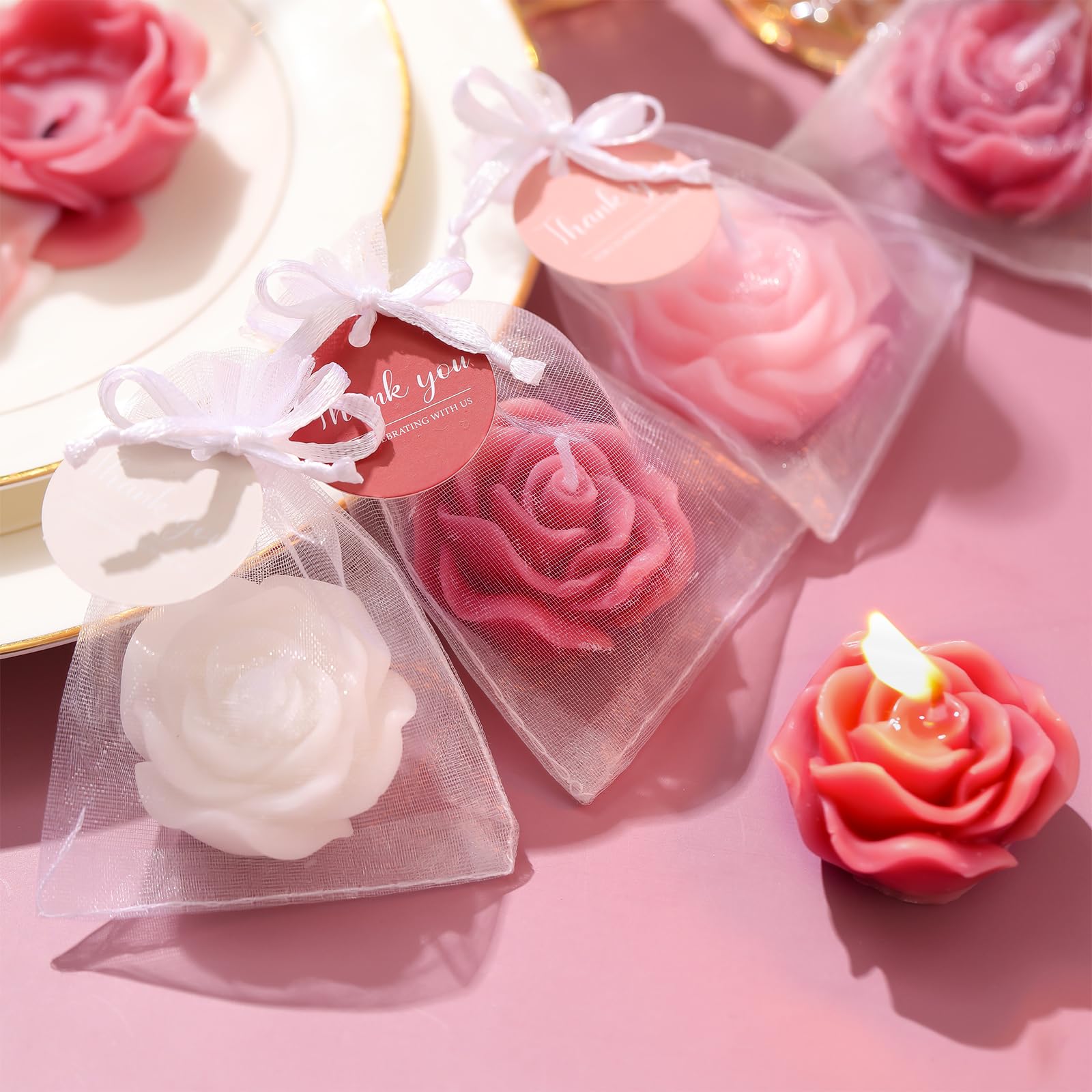 Treela 50 Set Flower Candles Wedding Favor for Guests Mini Dusty Pink Rose Shaped Tealight Candles for Return Gift Wedding Birth