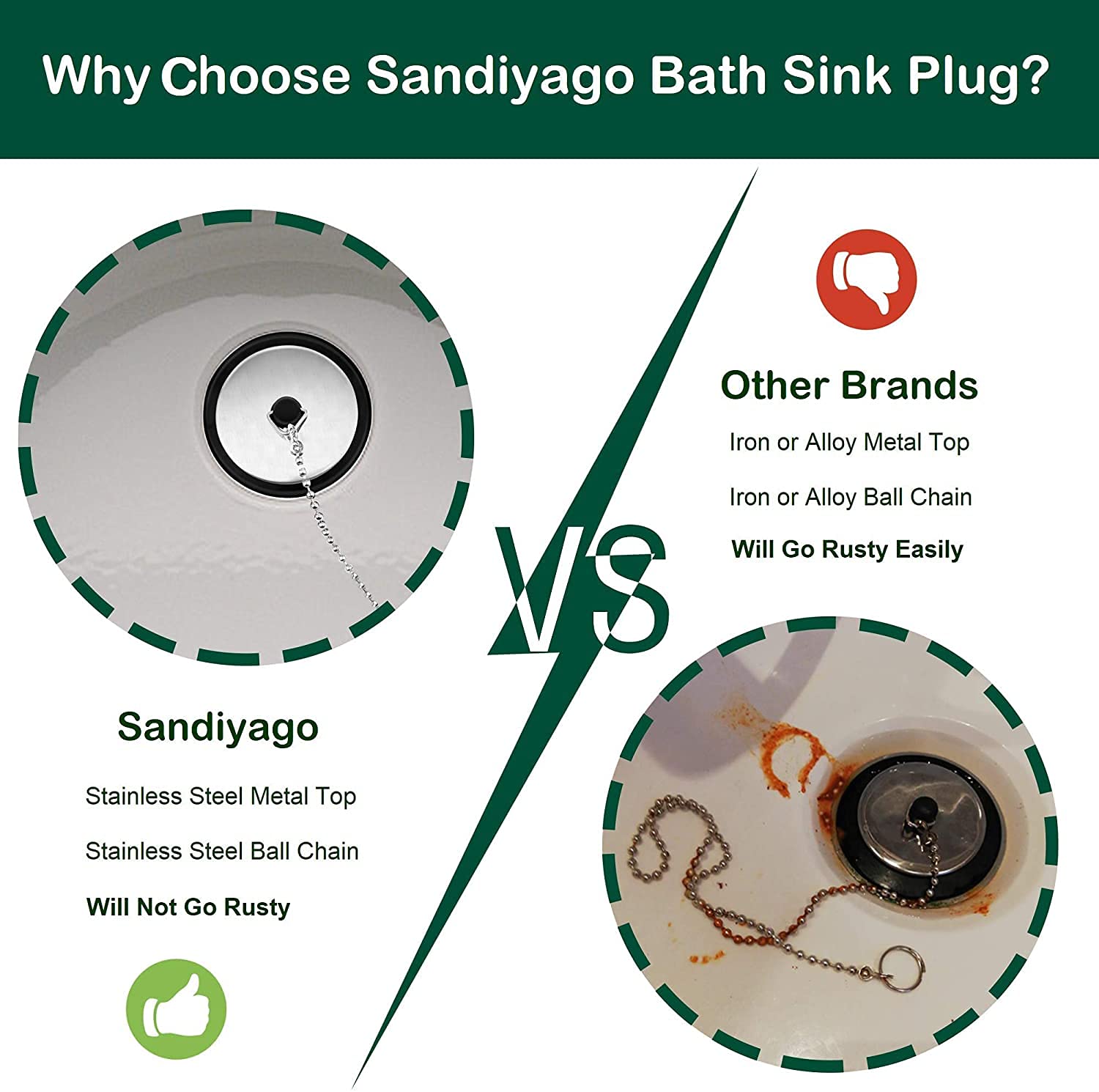 3Pcs Rubber Bath Tub Stopper Sink Plugs Kitchen Sink Drain Strainer With Stainless Steel Round Beaded Chain For 1-1/2 Inch To 2