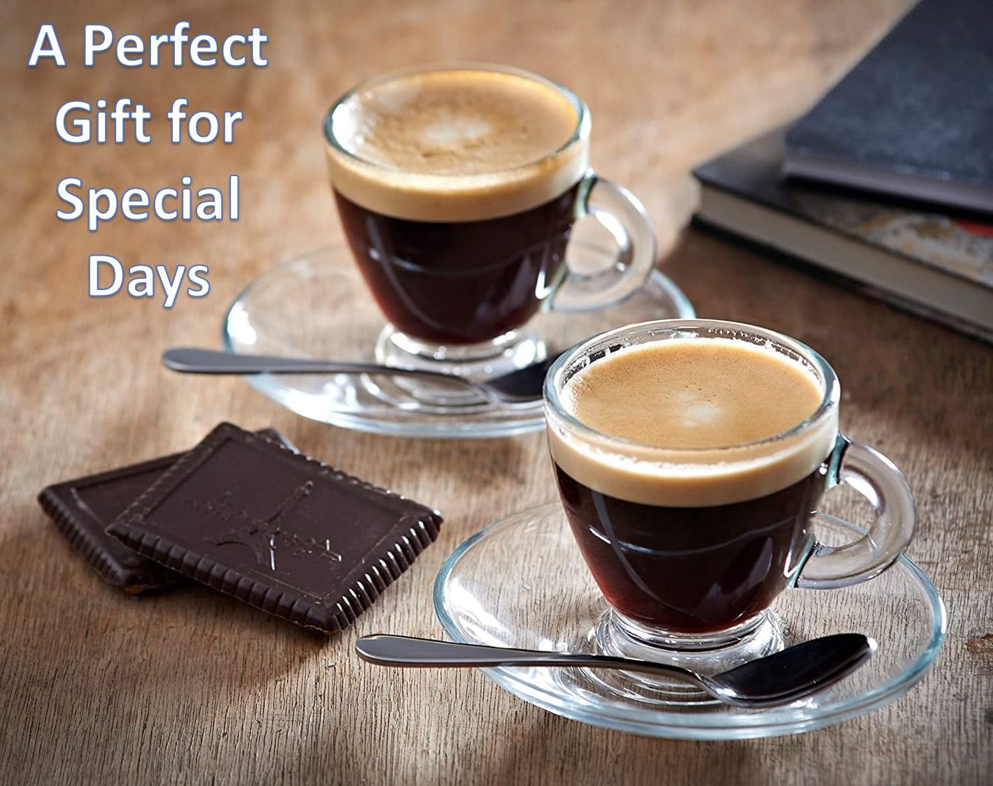 BOHEM'S Espresso Cups  3.2 oz Small Demitasse Clear Glass Espresso Drinkware  Set Of Cups  Saucers and Stainless Steel mini Spoons + Free Glass Spoons (set of 4)