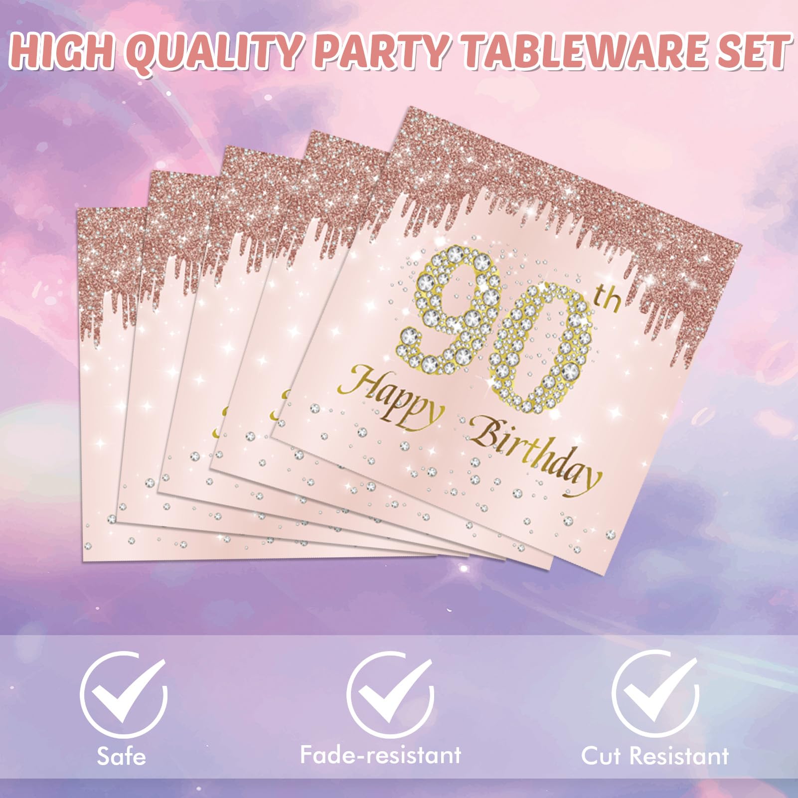 40Pcs 90Th Birthday Decorations For Women Rose Gold 90Th Theme Birthday Party Tableware 90 Year Old Birthday Party Decorations P
