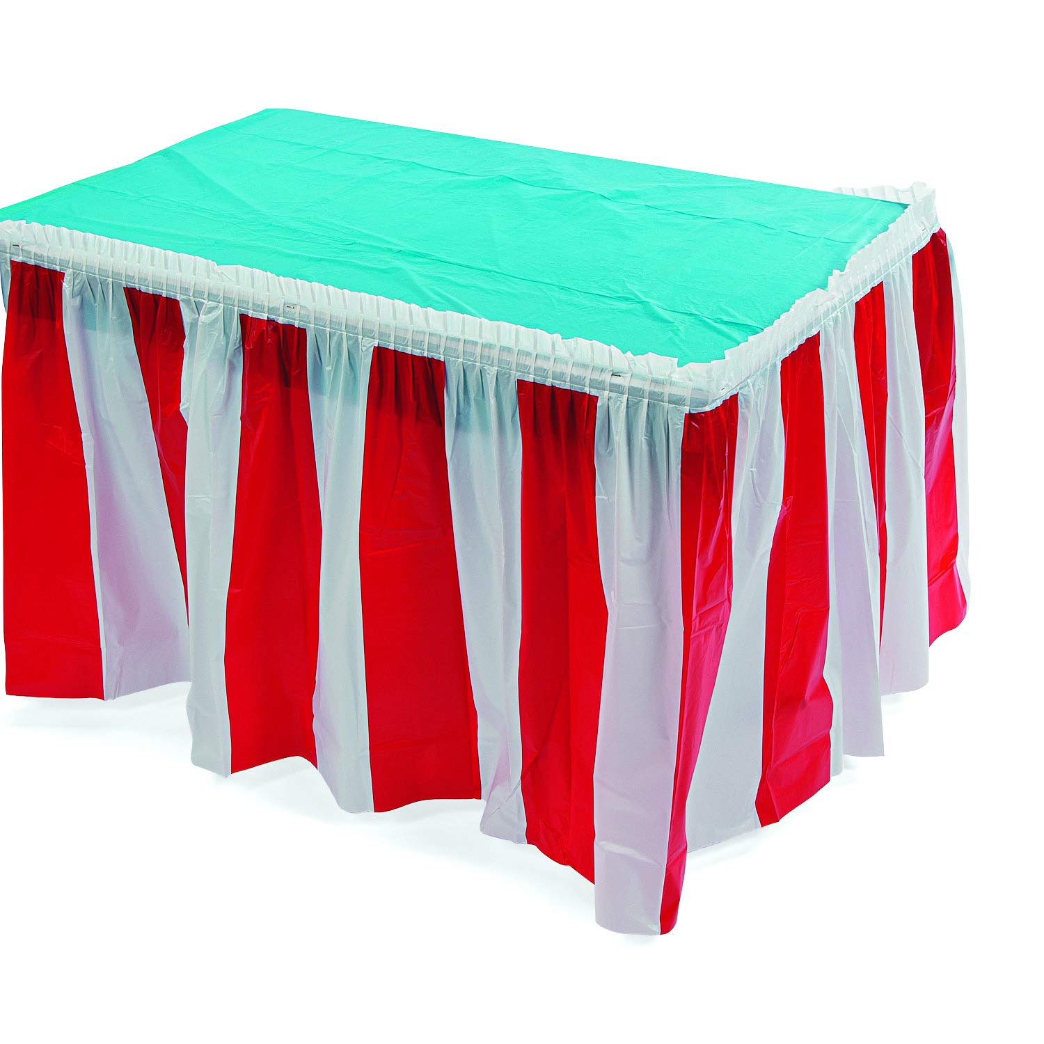 Fun Express Red and White Striped Table Skirt (1 Piece) Carnival & Event Party Supplies, Birthday Decorations, Patriotic Decor, 