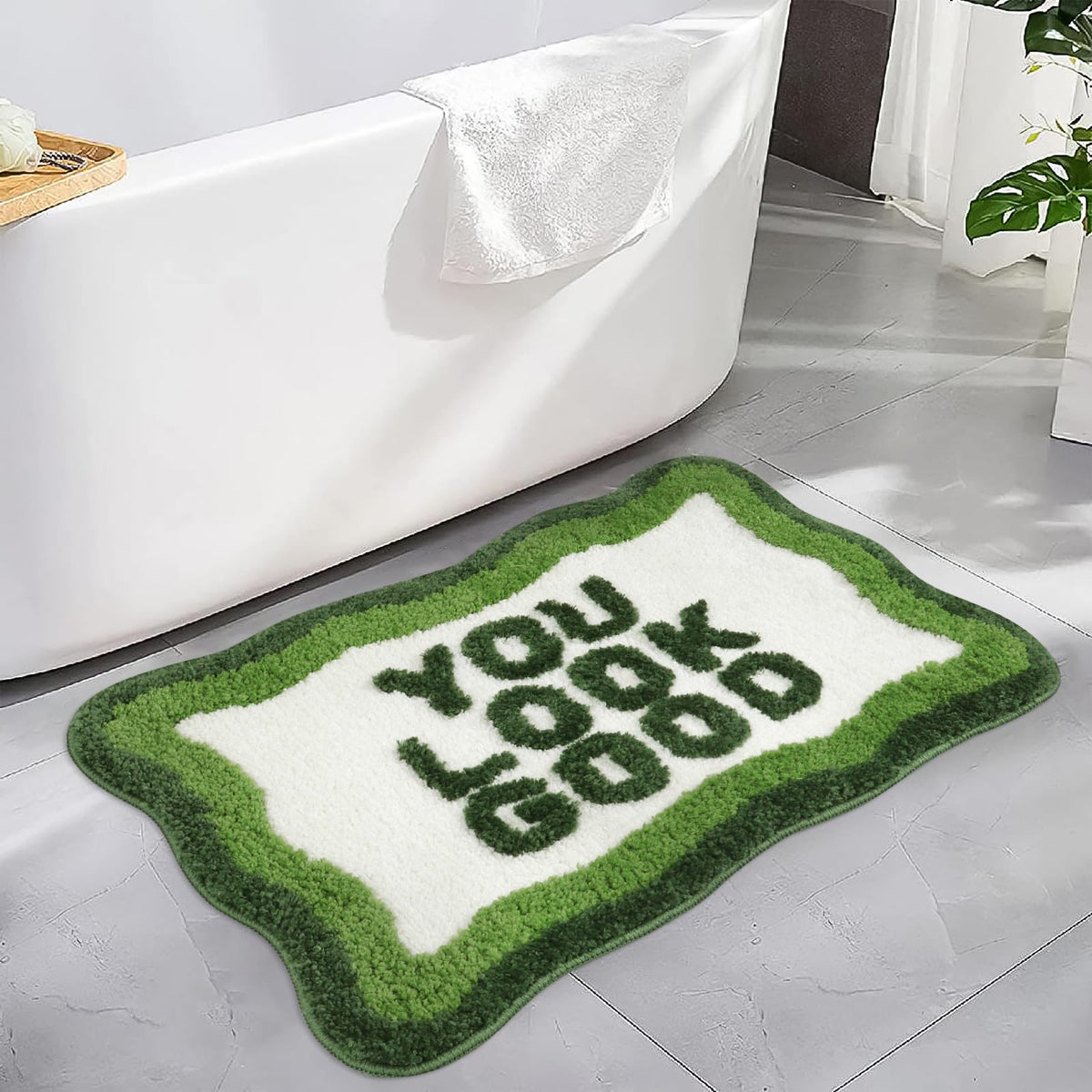 Haocoo You Look Good Bath Mat Green Bathroom Rug, Soft Non Slip Irregular Shaped Cute Bath Mat For Bathroom, Microfiber Absorben
