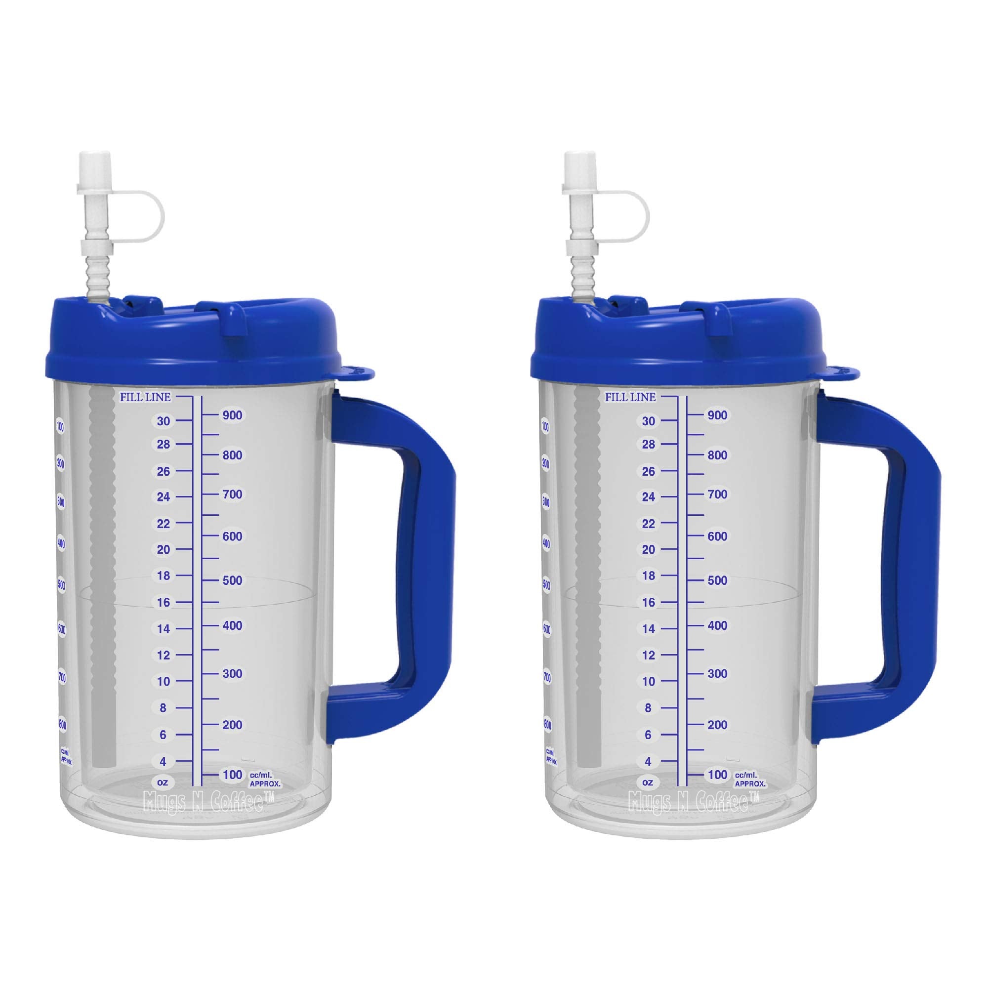 32 Oz Double Wall Insulated Hospital Mug - Cold Drink Mug - Large Carry Handle - Includes Straw (2, Blue)