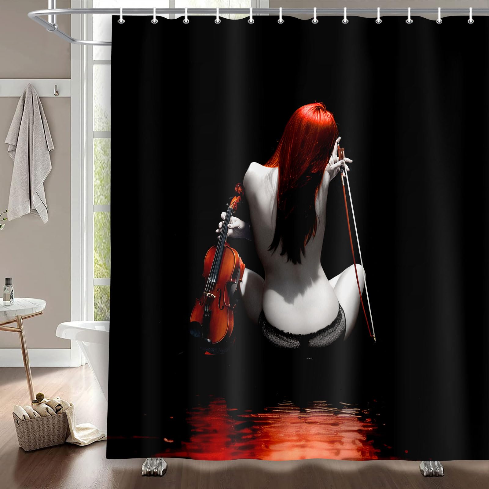 Fashion Sexy Woman Shower Curtains For Bathroom, Pretty Naked Tattoo Girl With Violin In Black Fabric Shower Curtain, Modern Bod