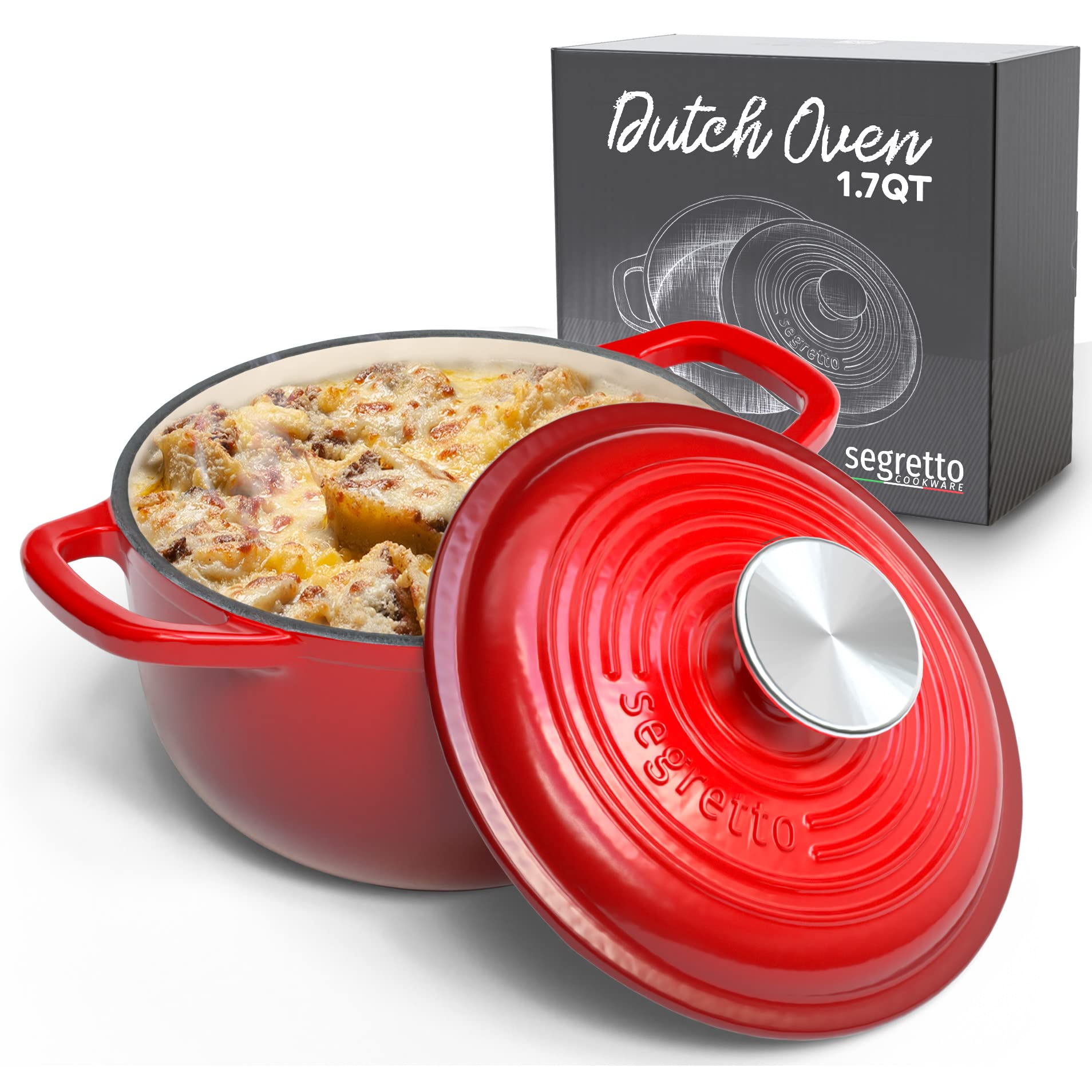 Segretto Cookware Enameled Cast Iron Dutch Oven, 1.7 Quarts, Red