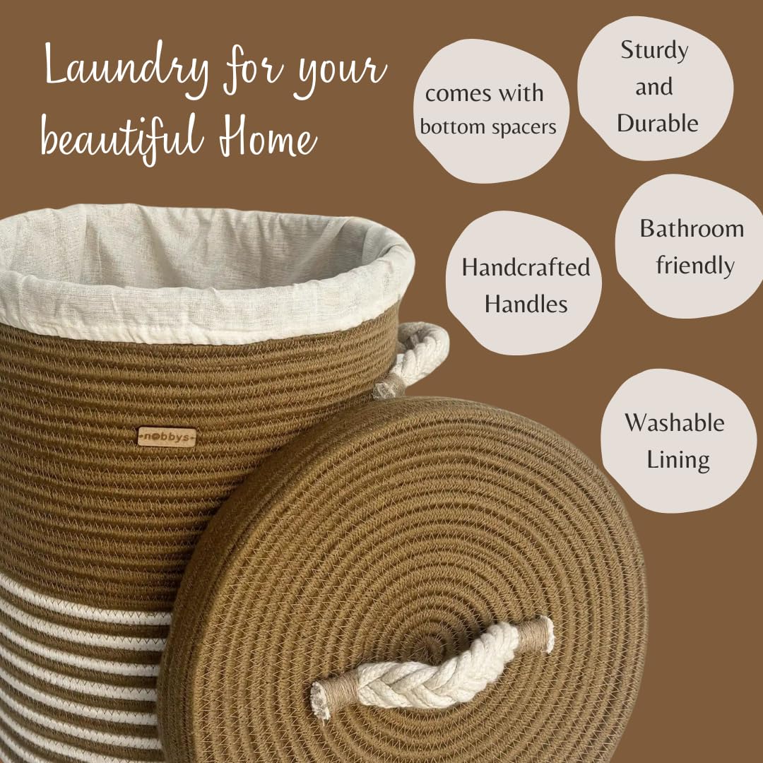 Nobbys Jute Cotton Striped Laundry Basket with Lid (14D x 18H) - 45 Litres,multicolour