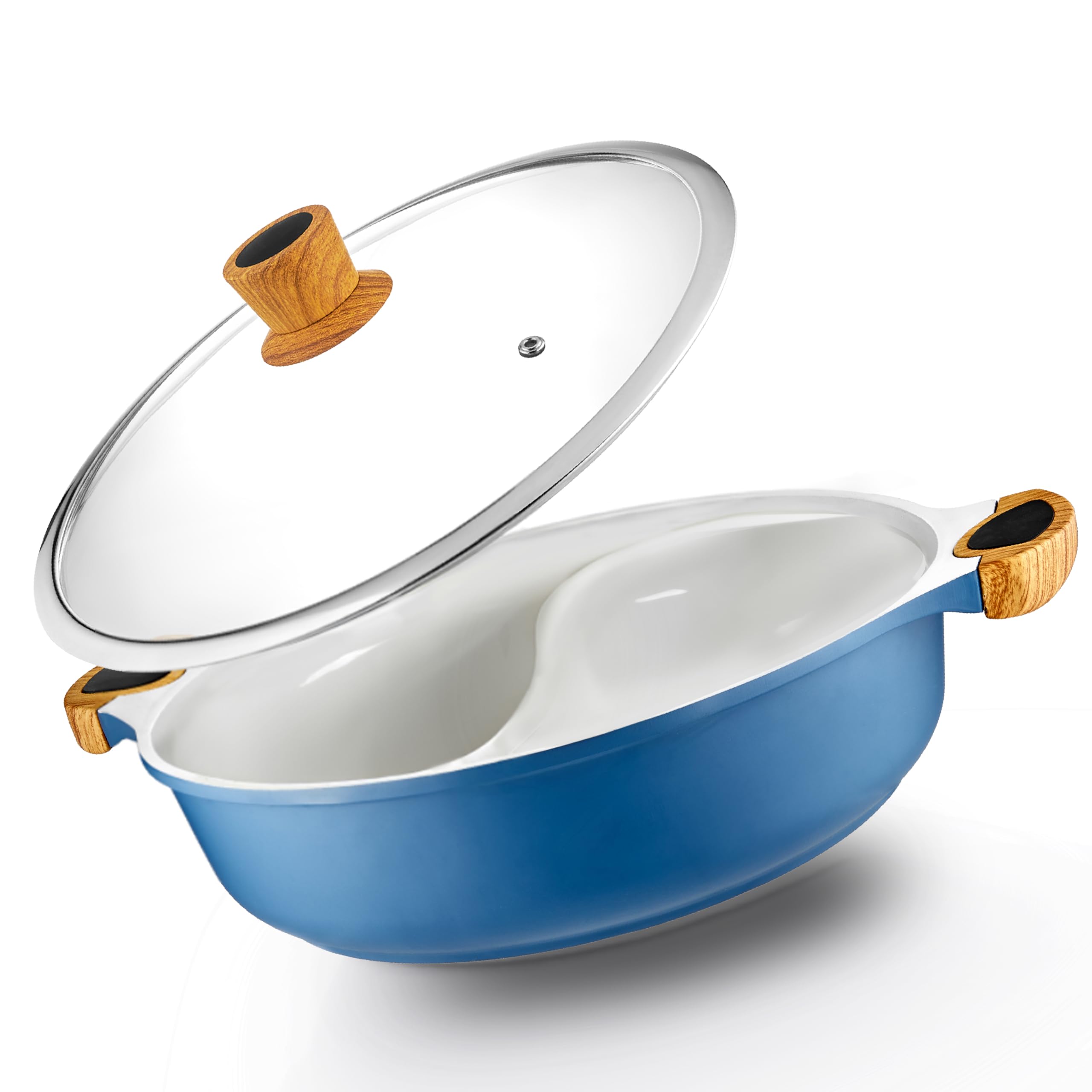 Nonstick Hot Pot with Divider, Blue Shabu Shabu with Silicone Spoons, Divided Cooker for Two Broths, Compatible with Induction, 
