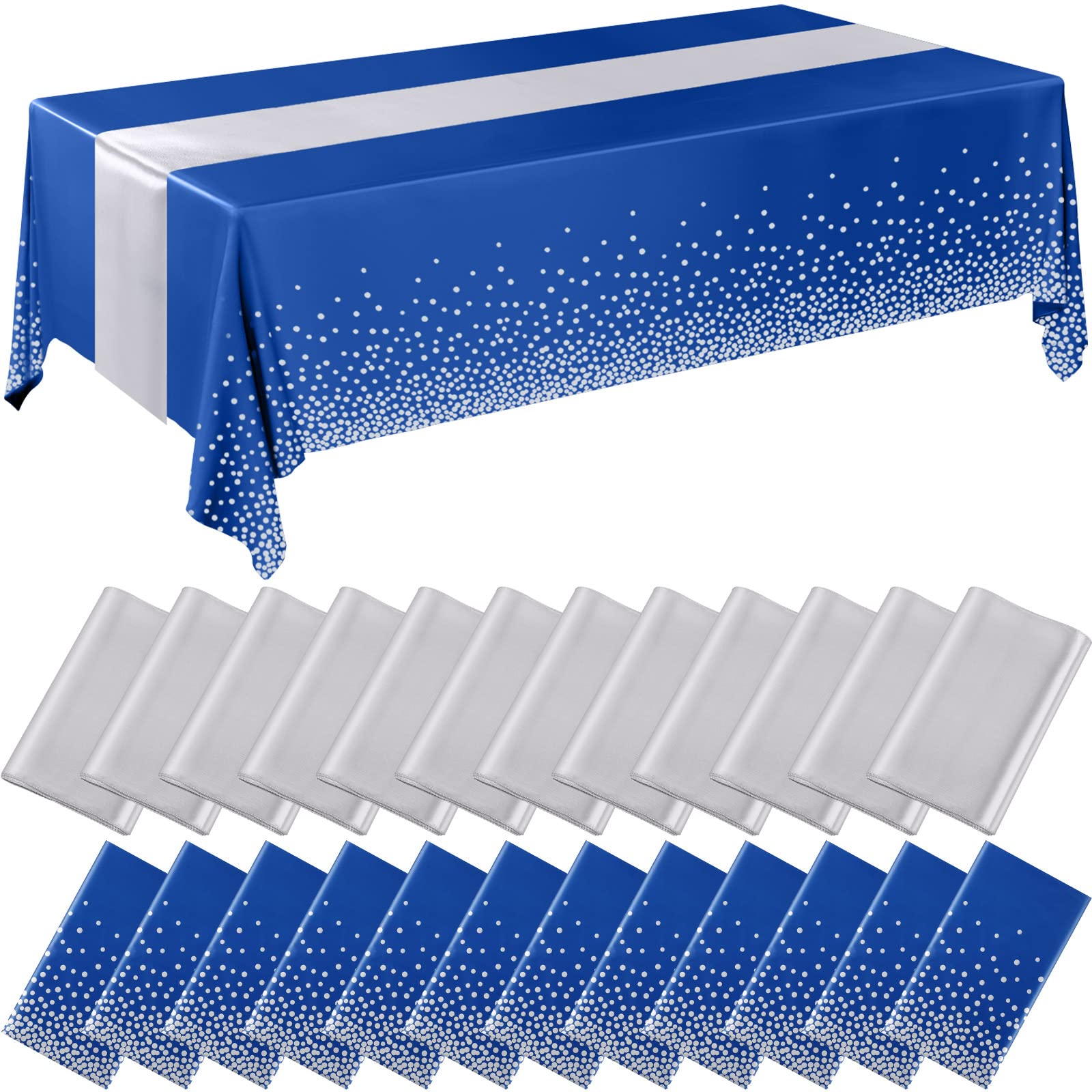 Breling 24 Packs Navy Blue and Silver Disposable Plastic Tablecloths and Satin Table Runner Set, 54 x 108 Inch Tablecloth, 12 x 