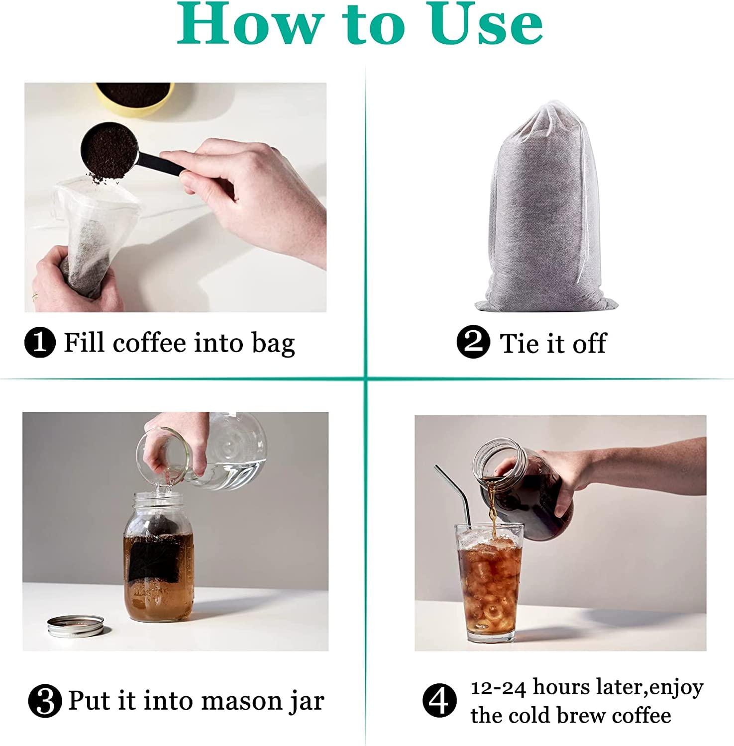 Yzurbu 100pcs Cold Brew Coffee Bags  6'' x 8'' No Mess Disposable Filter Bag with Drawstring for Coffee Grounds & Ice Tea