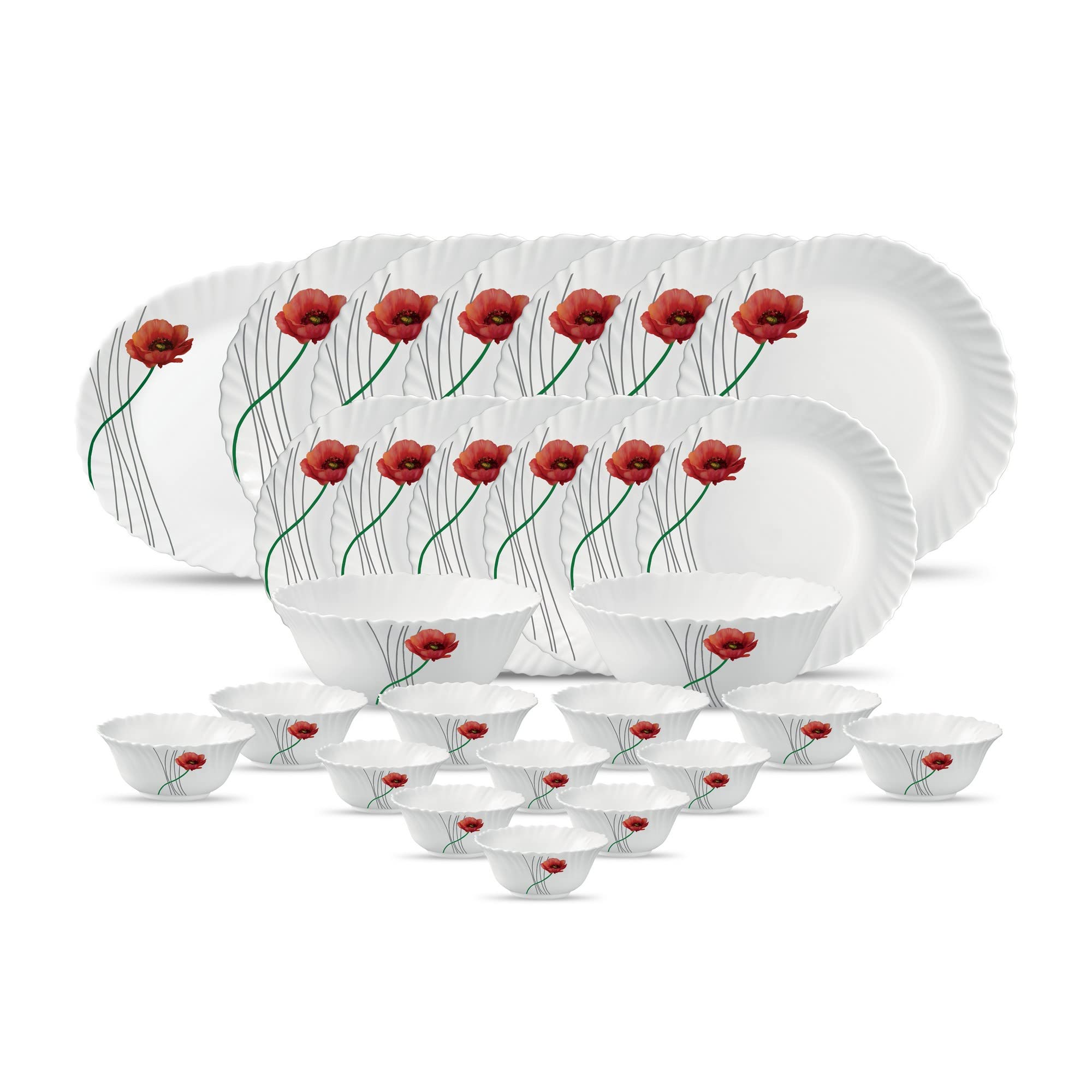La Opala Diva, Classique Collection, Opal Glass Dinner Set 27 Pcs, Soul Passion, White, Standard