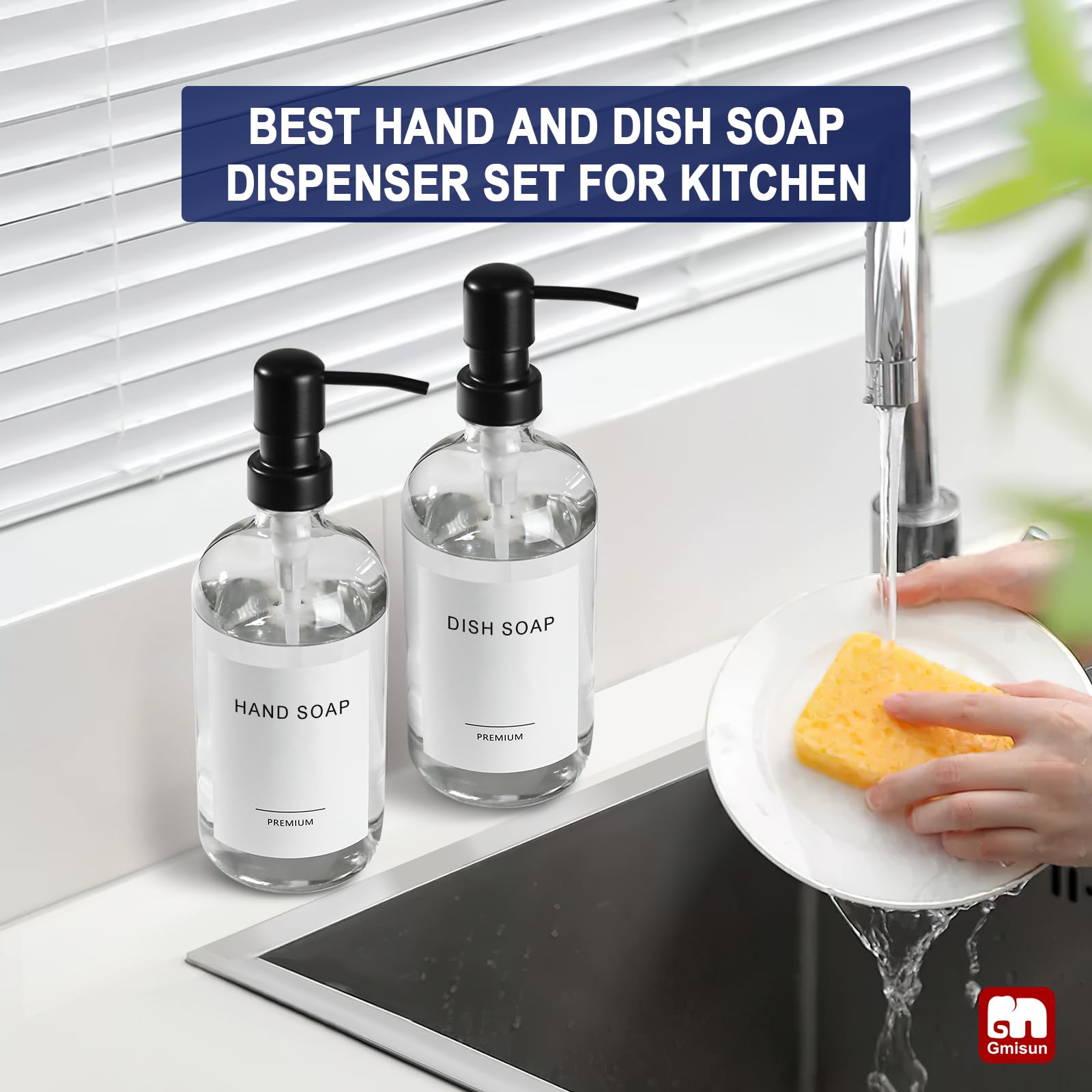 Gmisun Glass Soap Dispenser With Pump, 2 Pack Clear Bathroom Hand Soap Dispenser With Stainless Steel Pump, 16 Oz Refillable Kit