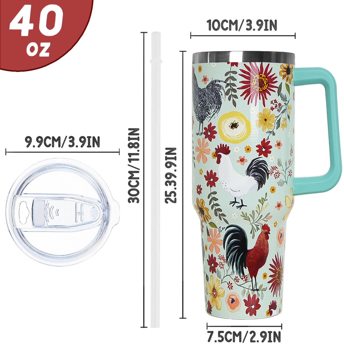 Nqhsionv Chicken Tumbler with Handle and Straw 40 oz Chicken Floral Cup Rooster Coffee Travel Mug Stainless Steel Insulated Wate