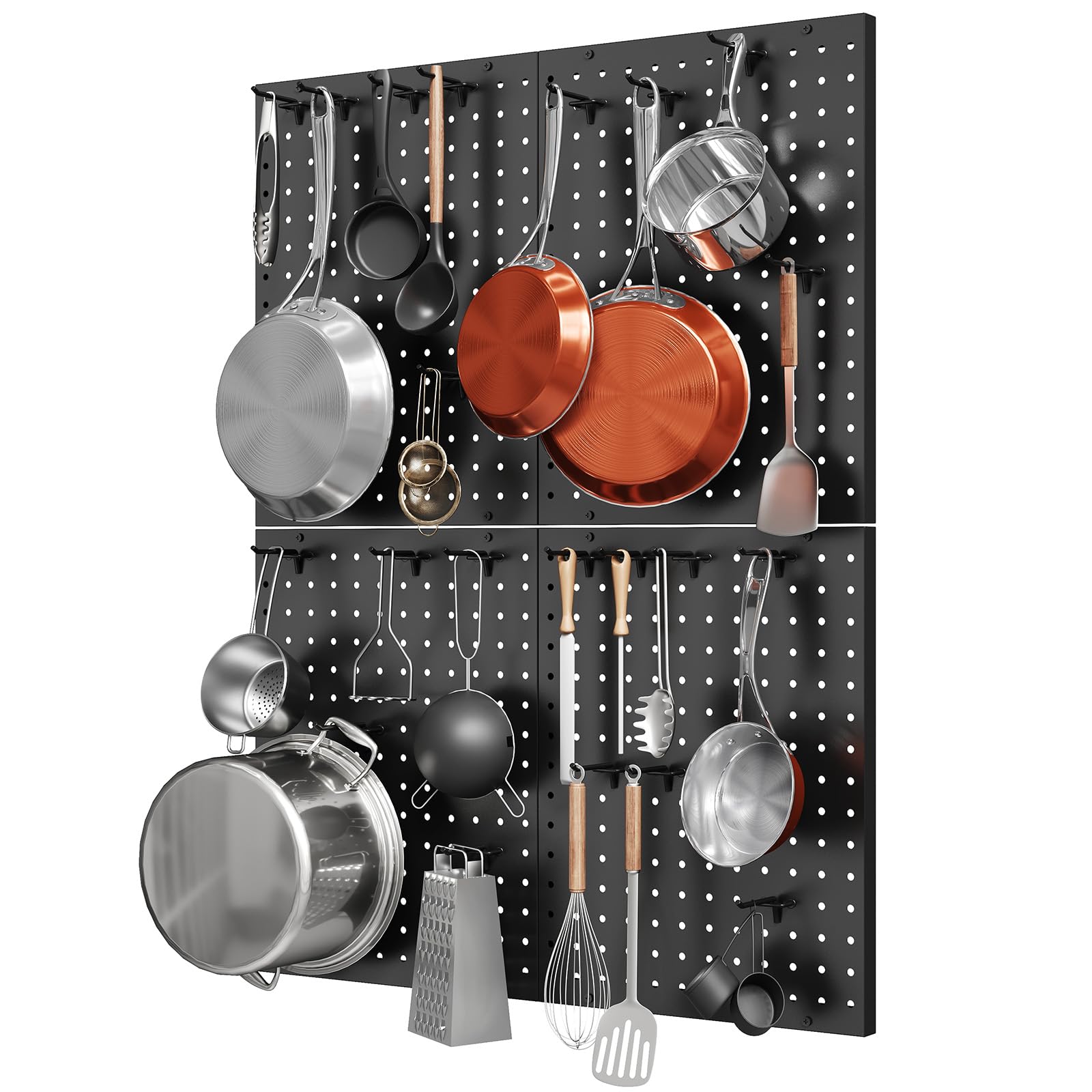 Hencawima Wall Mounted Peg board, 4 Pack Pot and Pan Organizer with 20 Hooks, Modular Kitchen Storage for Pots, Pans, Lids and U