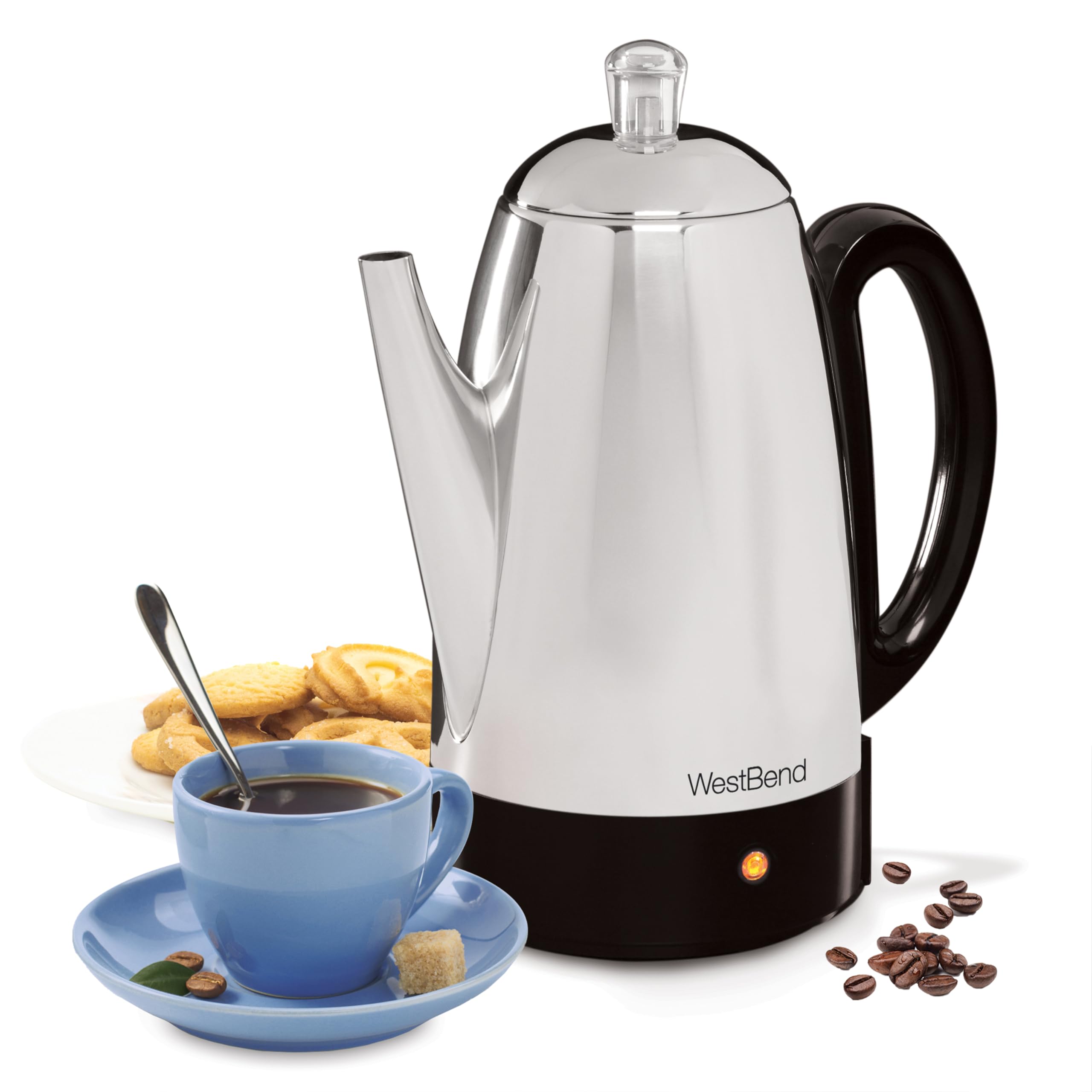 West Bend 54159 Classic Stainless Steel Electric Coffee Percolator with Heat Resistant Handle and Base Features Detachable Cord,