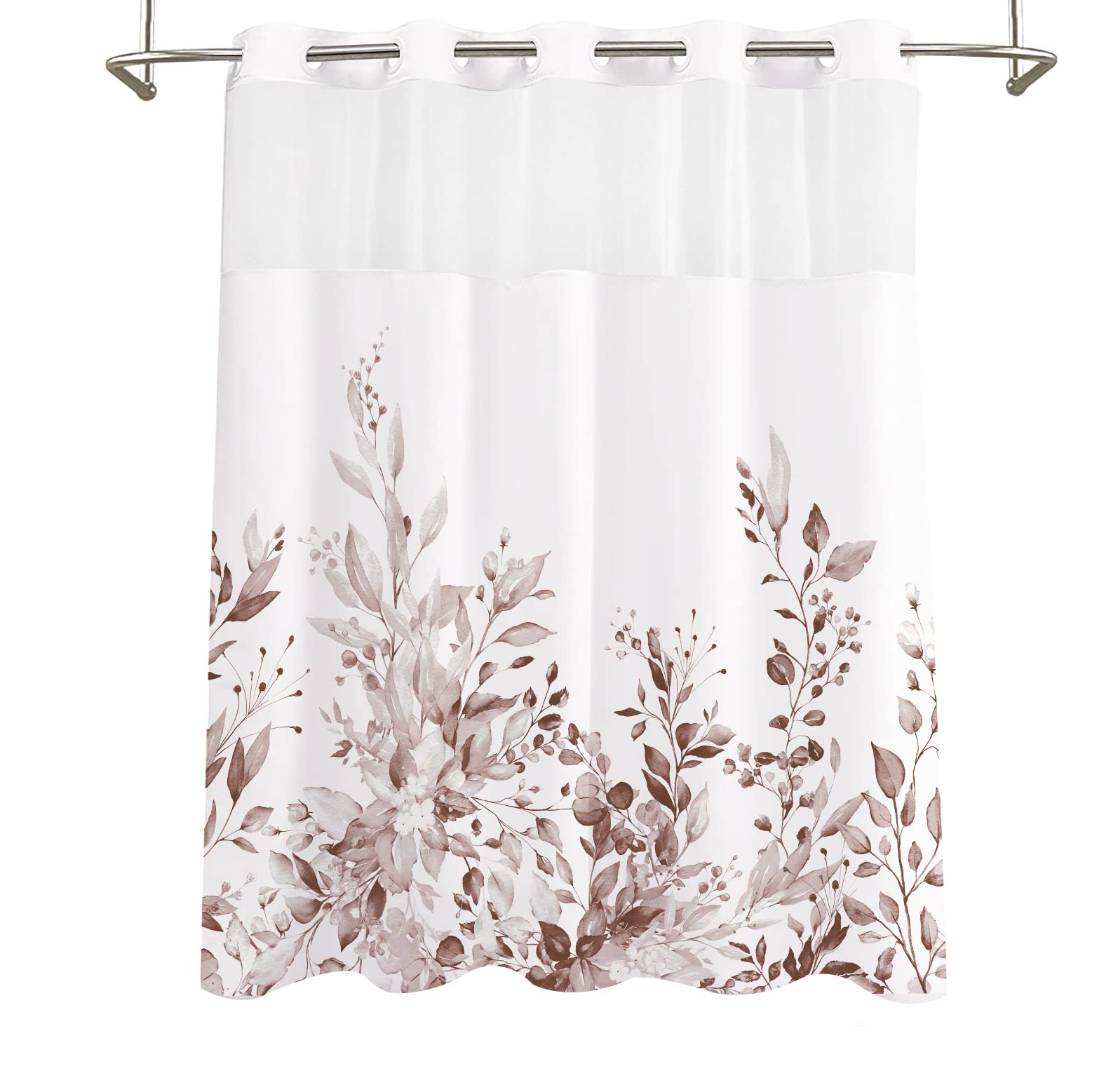 Tititex No Hooks Snap In Liner Rosybrown Eucalyptus Leaves Shower Curtain Sets, Hotel Luxury Double Layers Waterproof Fabric & S