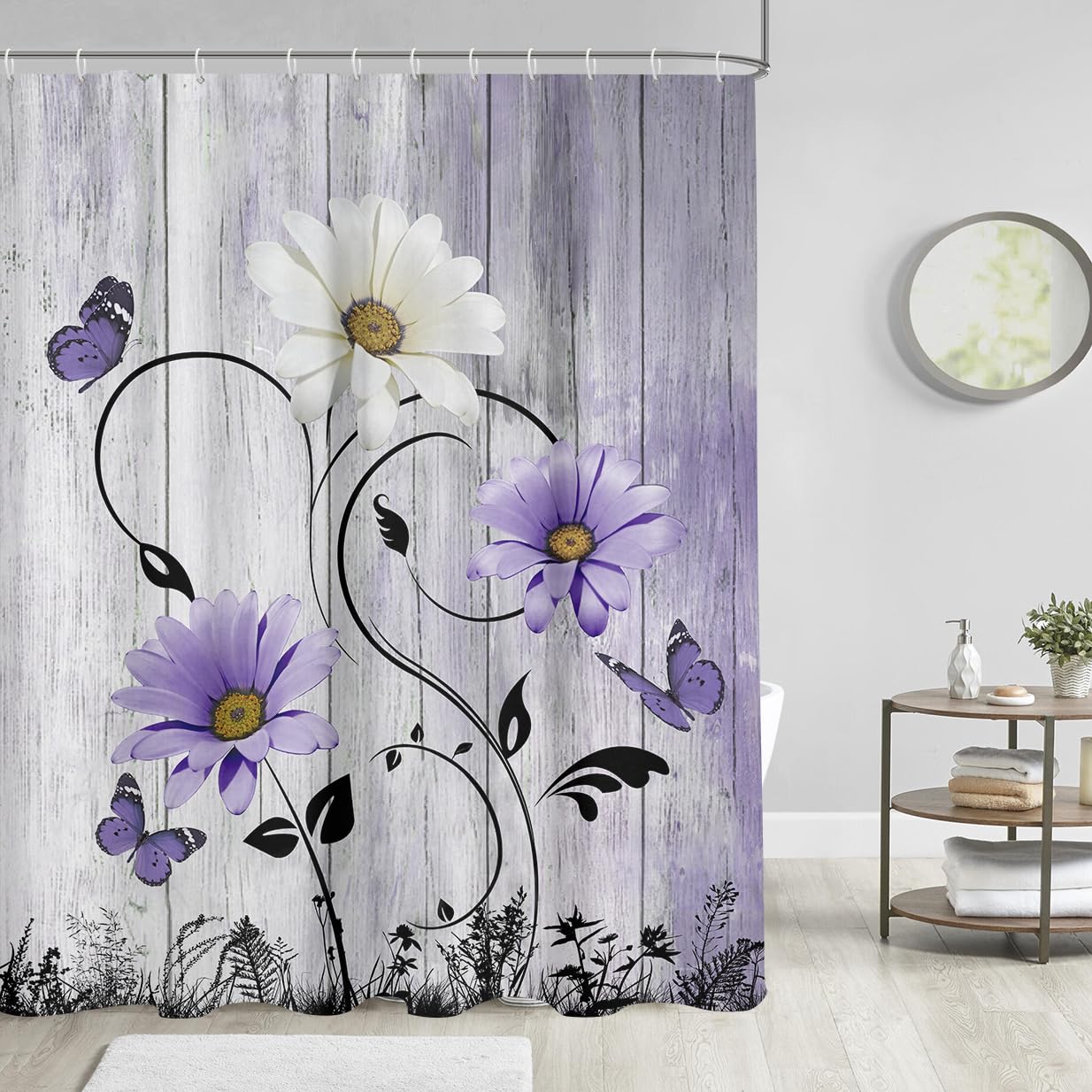 Aatter Purple Floral Shower Curtain Rustic Flowers Lavender Lilac Country Butterfly White Daisy Abstract Black Leaves Farmhouse