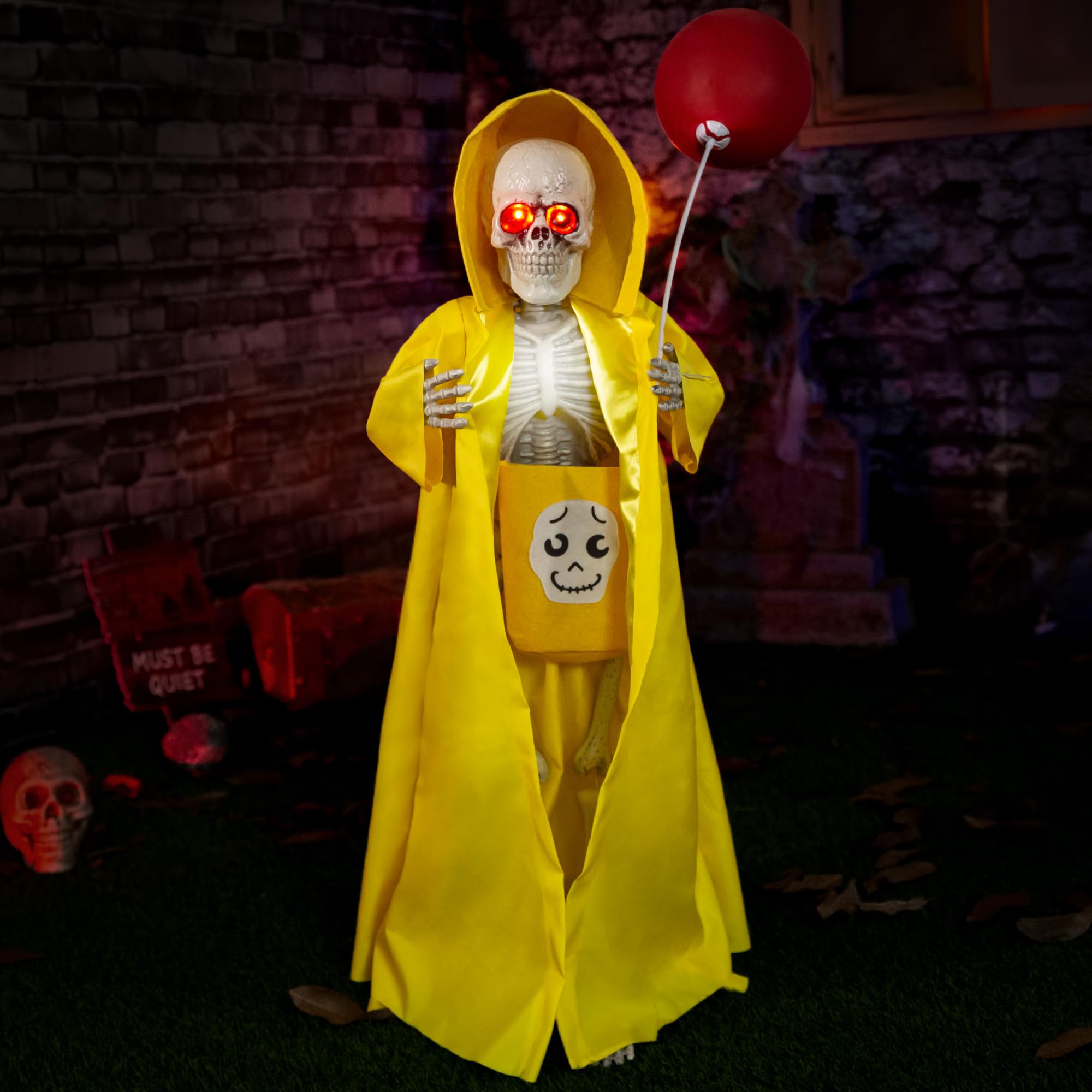 Halloween Animatronics Decorations 3ft Skeleton, 36in Skull Animated with Candy Bag, Balloon, Sound Activated, Light up Eyes, Mo