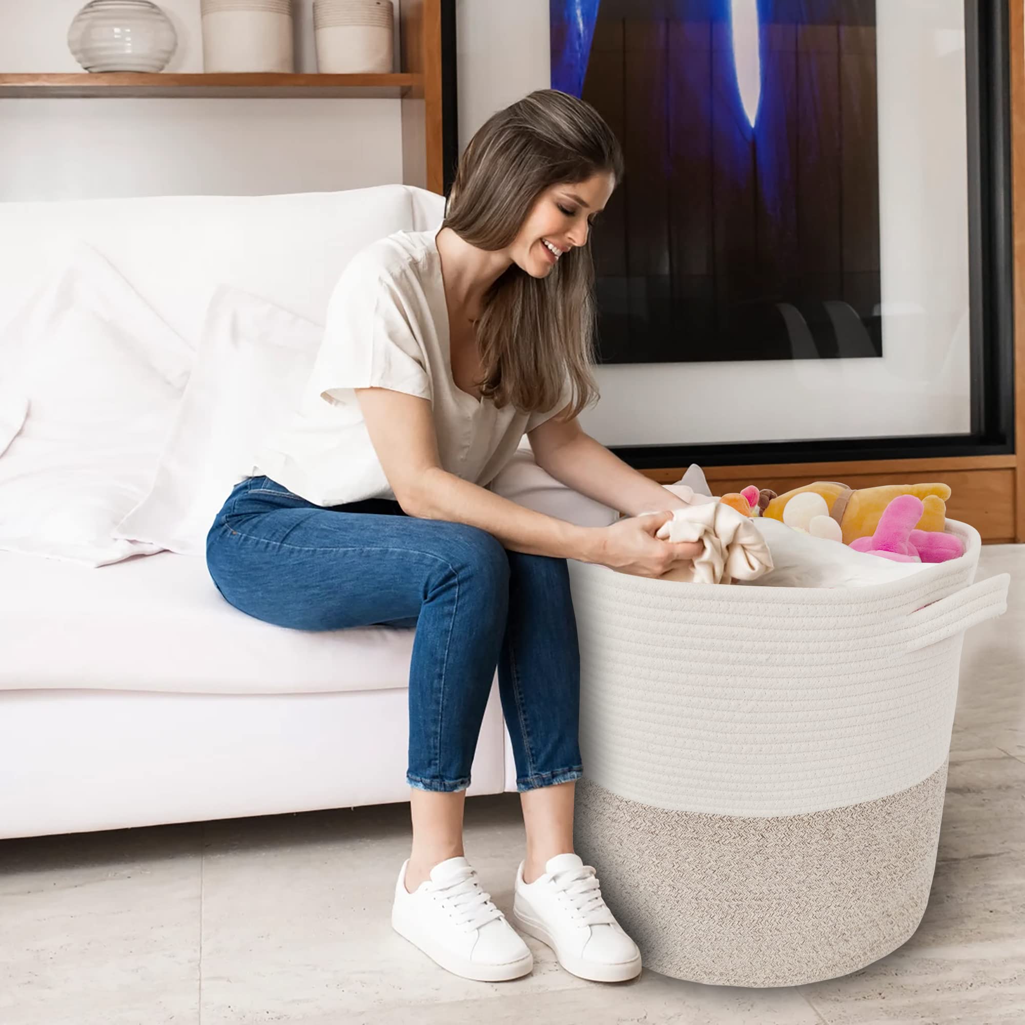 Large Storage Basket With Lid 60L, 16Wx18H Woven Laundry Hamper Basket With Handle, Room Decor Cotton Rope Wicker Basket Toy Org