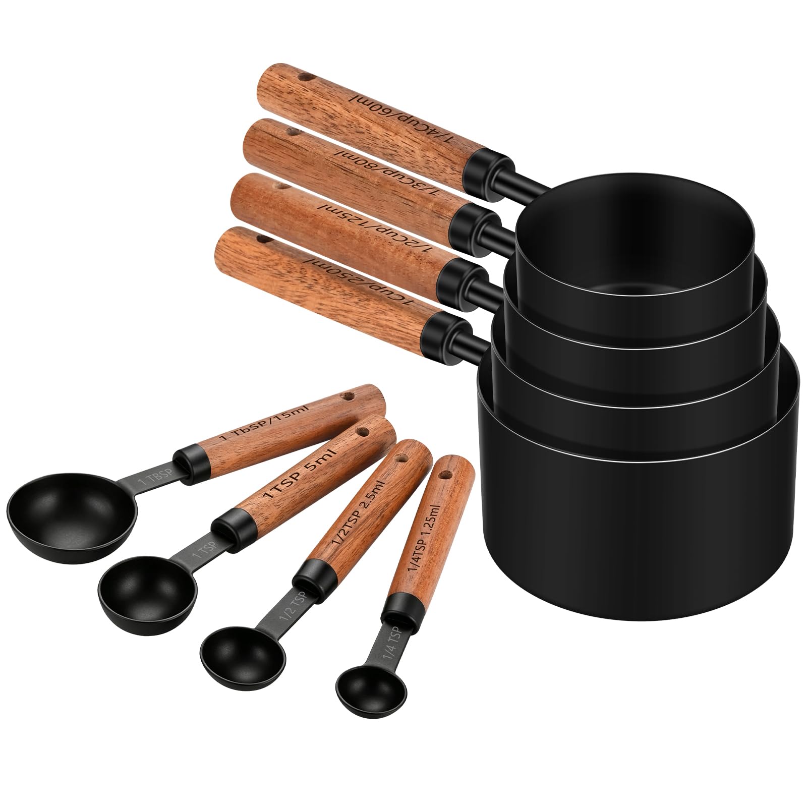 Wooden Handle Measuring Cups & Spoons Set 8Piece  Stainless Steel, Stackable, Rustic Farmhouse Kitchen Gadgets, NonToxic, Dis