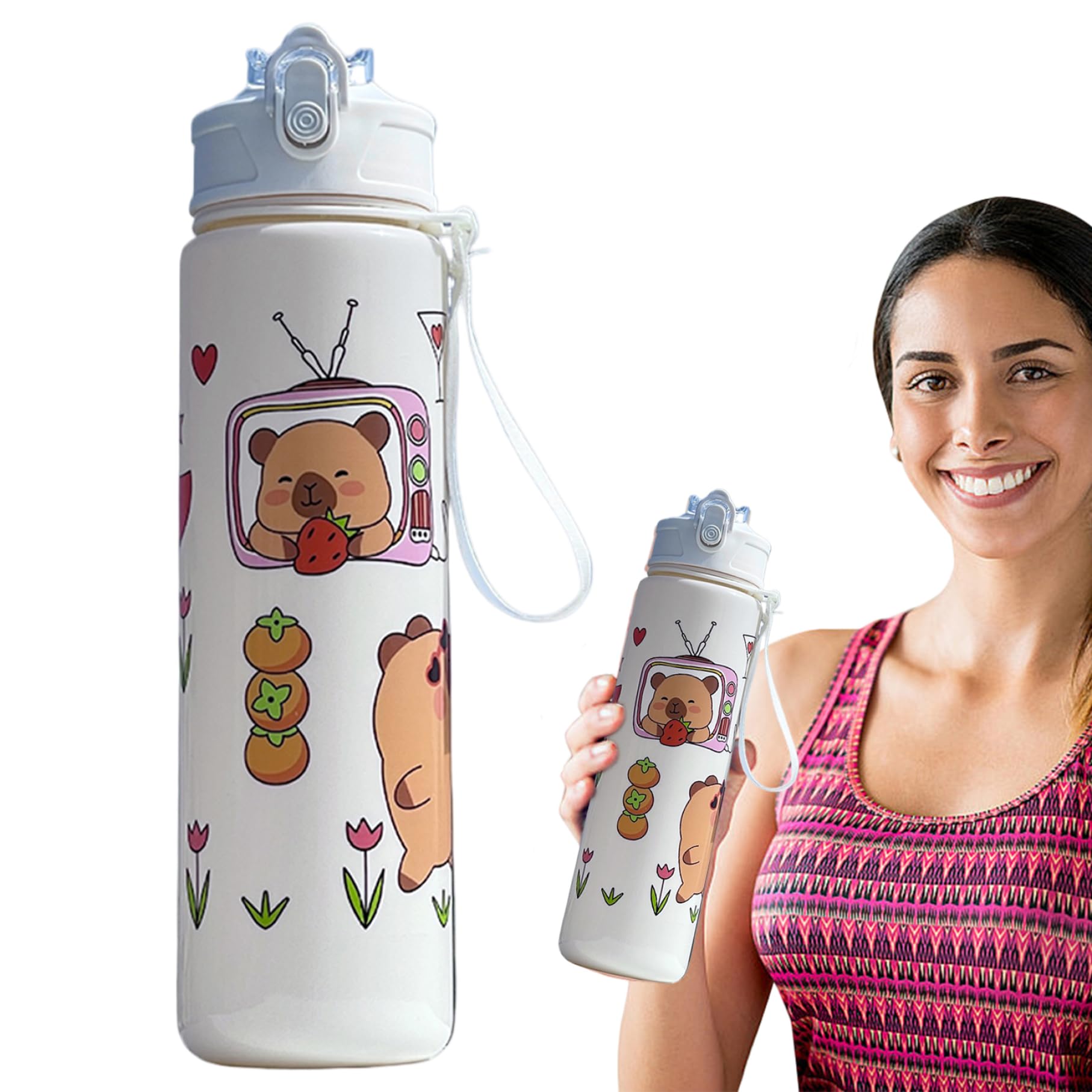 Capybara Water Bottle, 750ml Cute Water Bottle with Straw and Handle for Kids & Adults for Campus, Gym, Office, or Outdoor Use, 