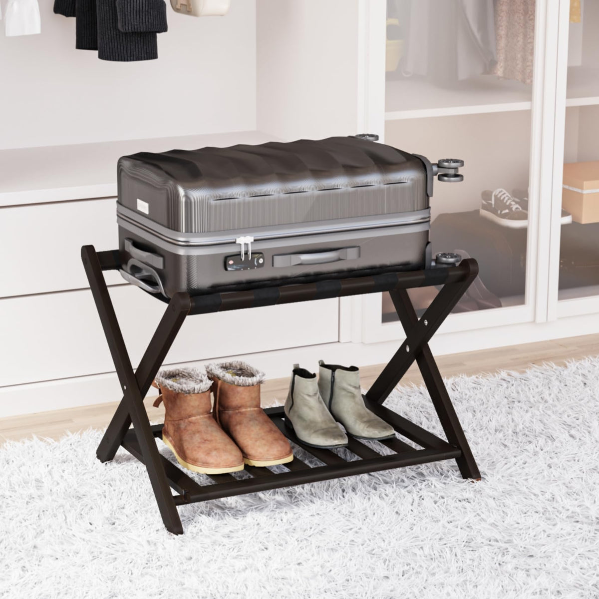 Smart Fendee Fully Assembled 2-Tier Bmaboo Luggage Racks, Folding Suitcase Stand, Wide Foldable Wood Luggage Holders, Ideal For