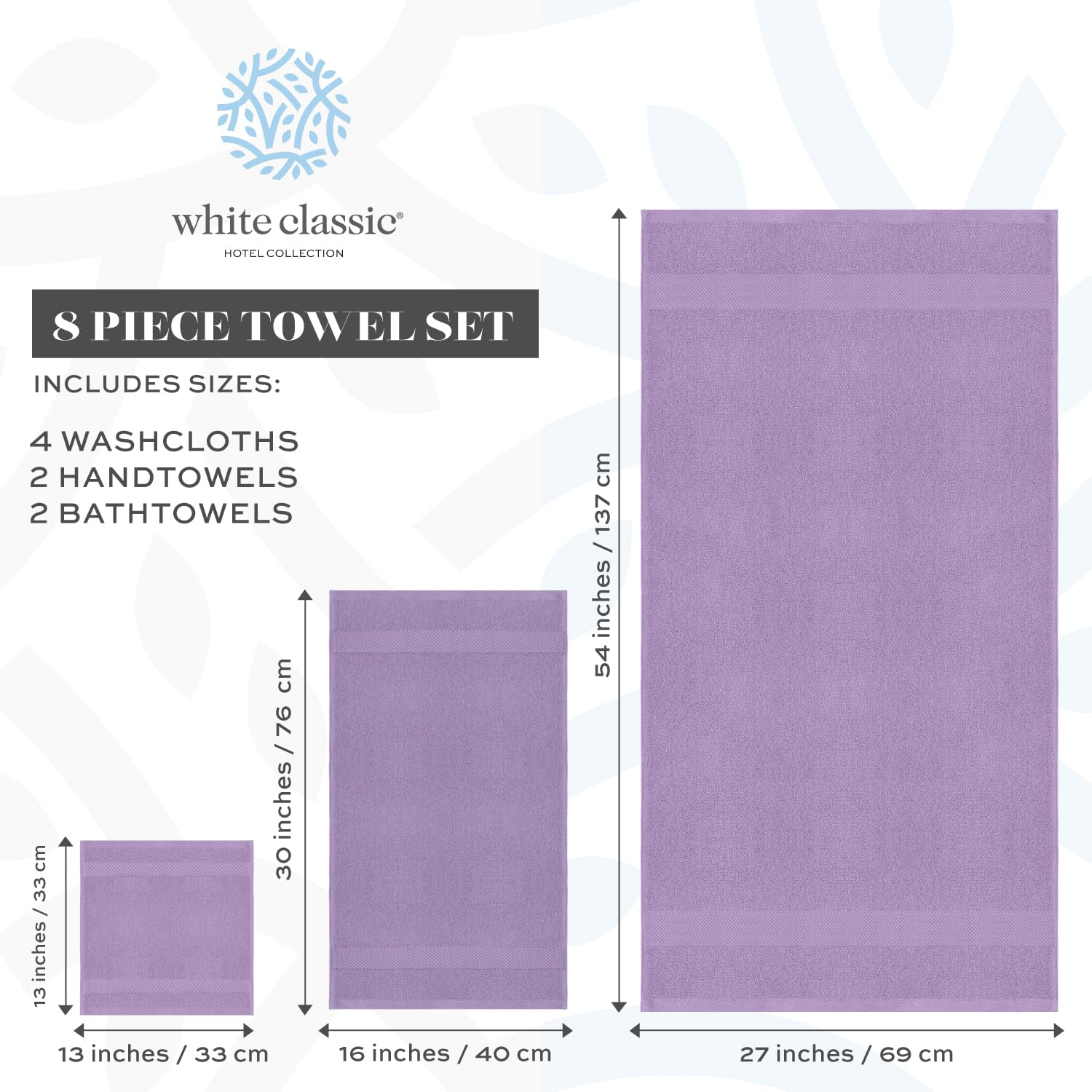 White Classic Luxury Lavender Bath Towel Set - Combed Cotton Hotel Quality Absorbent 8 Piece Towels | 2 Bath Towels | 2 Hand Tow