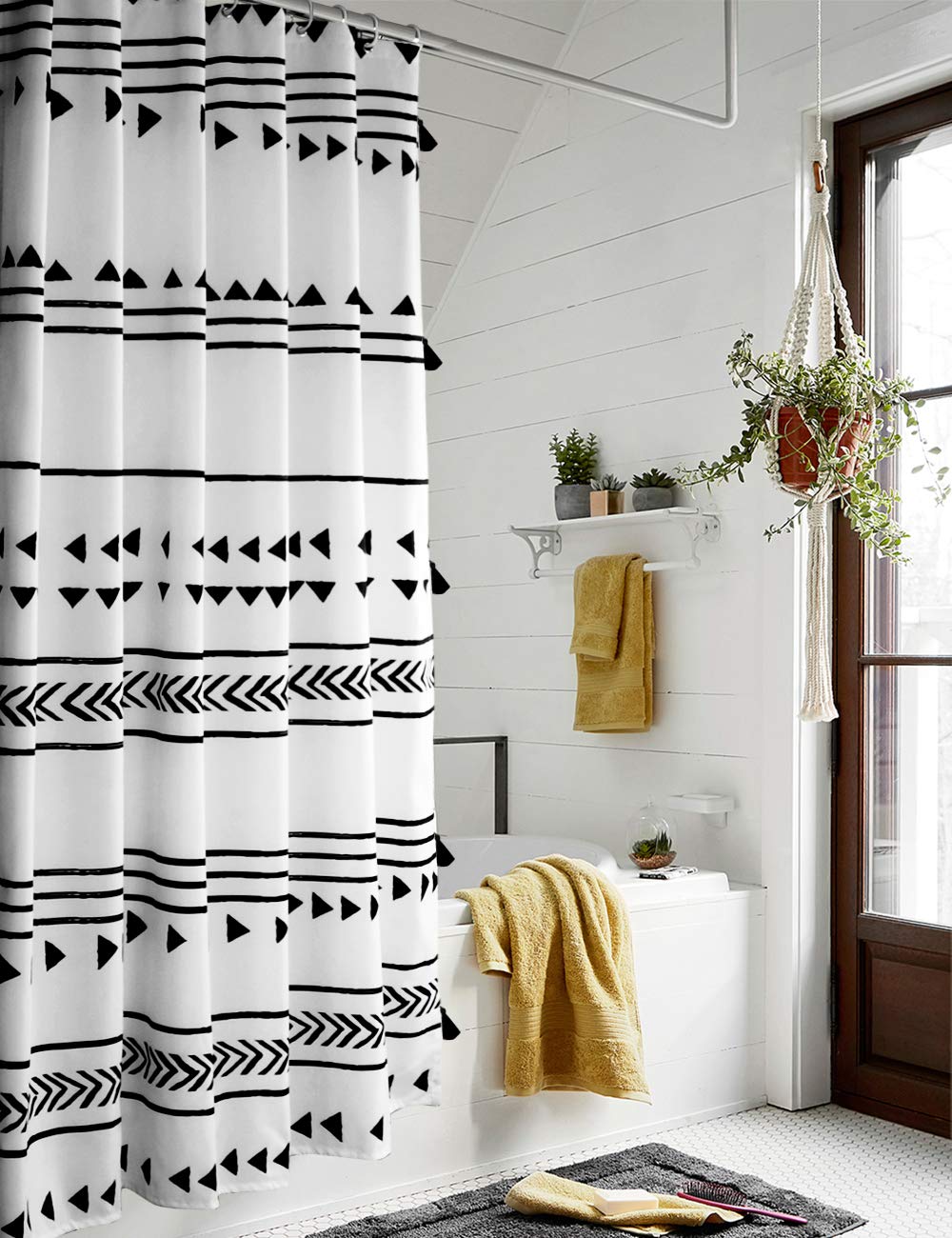 Uphome 72X72 Boho Shower Curtain Black And White Fabric Bathroom Curtains Set With Hooks, Chic Triangle And Geometric Tassel Bat