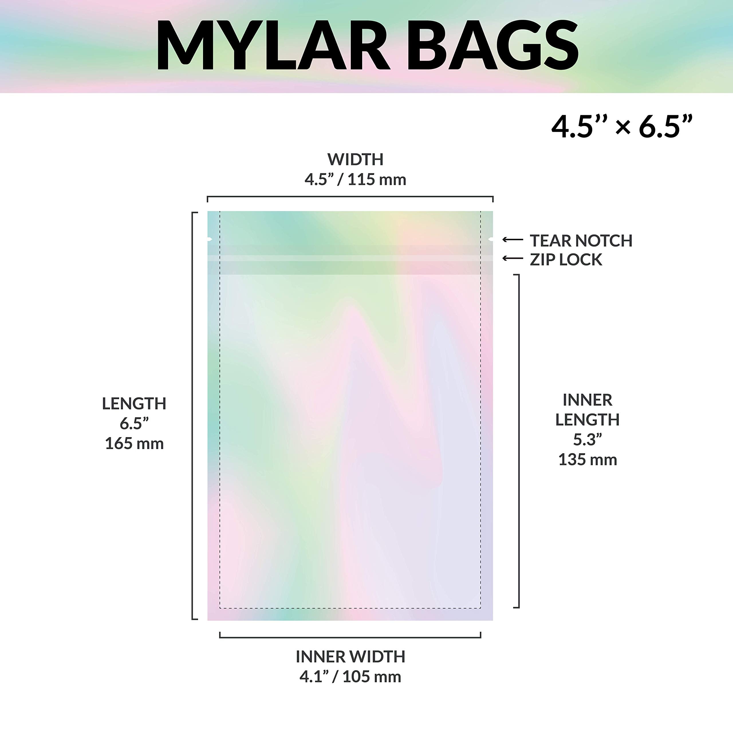 Mylar Bags With Ziplock 4.5'' X 6.5'' | 100 Bags | Rainbow Holographic | Sealable Heat Seal Bags For Candy And Food Packaging, M