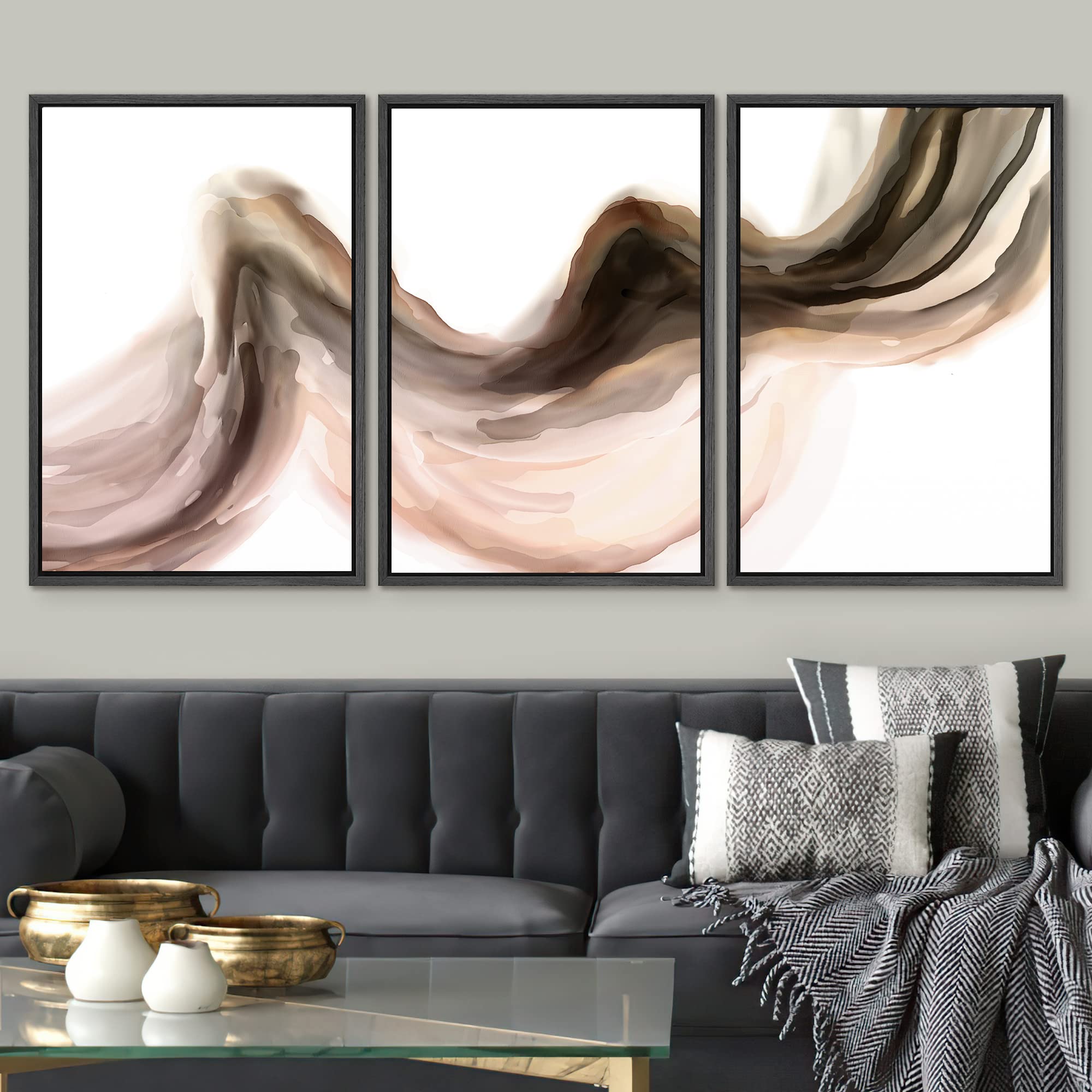Signwin Framed Canvas Print Wall Art Set Pastel Watercolor Brown Black Paint Stroke Landscape Abstract Shapes Illustrations Mode