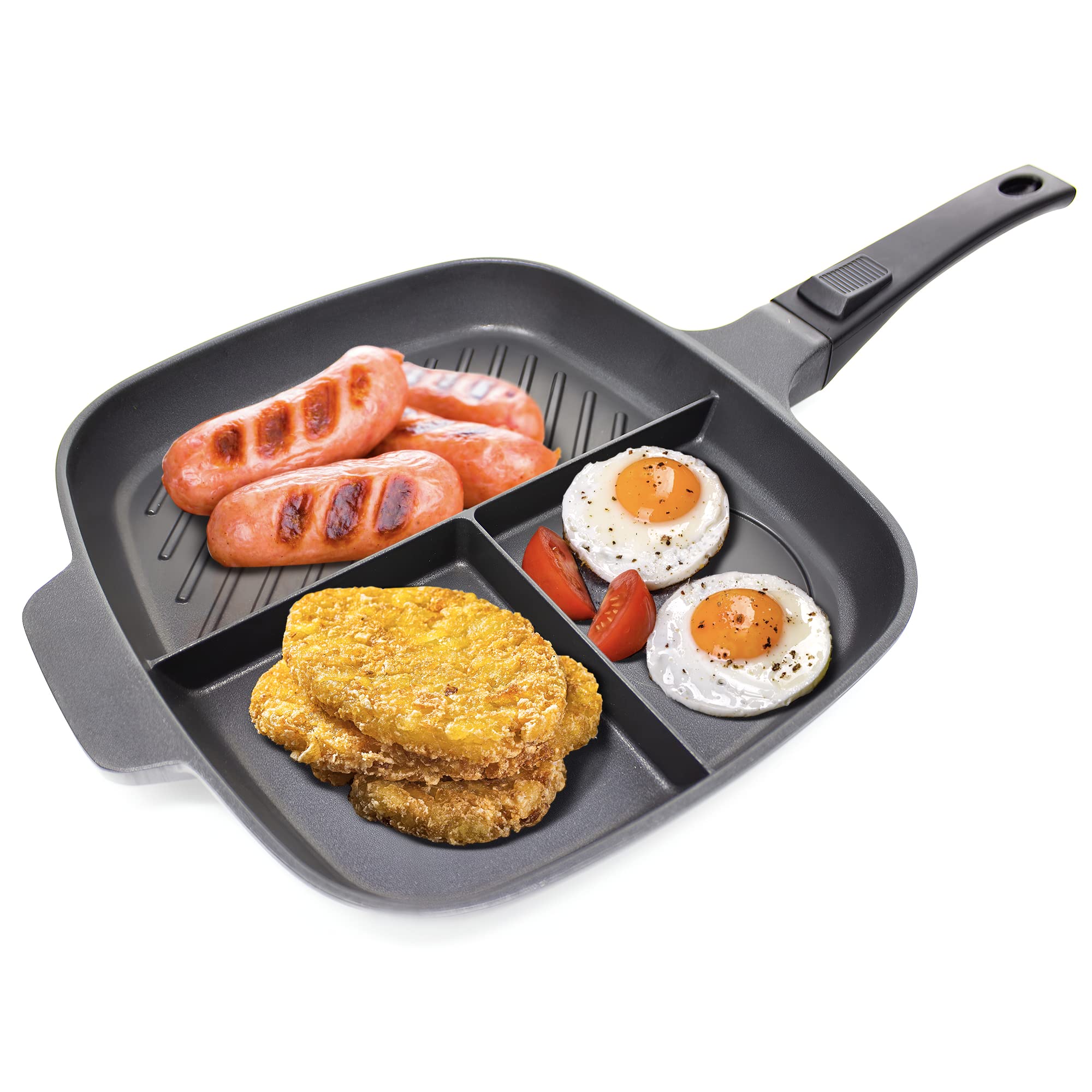 Jean-Patrique Divided Stove Top Grill Pan - 3 Section Breakfast Pan With Divider - Divided Frying Pan With Multi Sections - Grid
