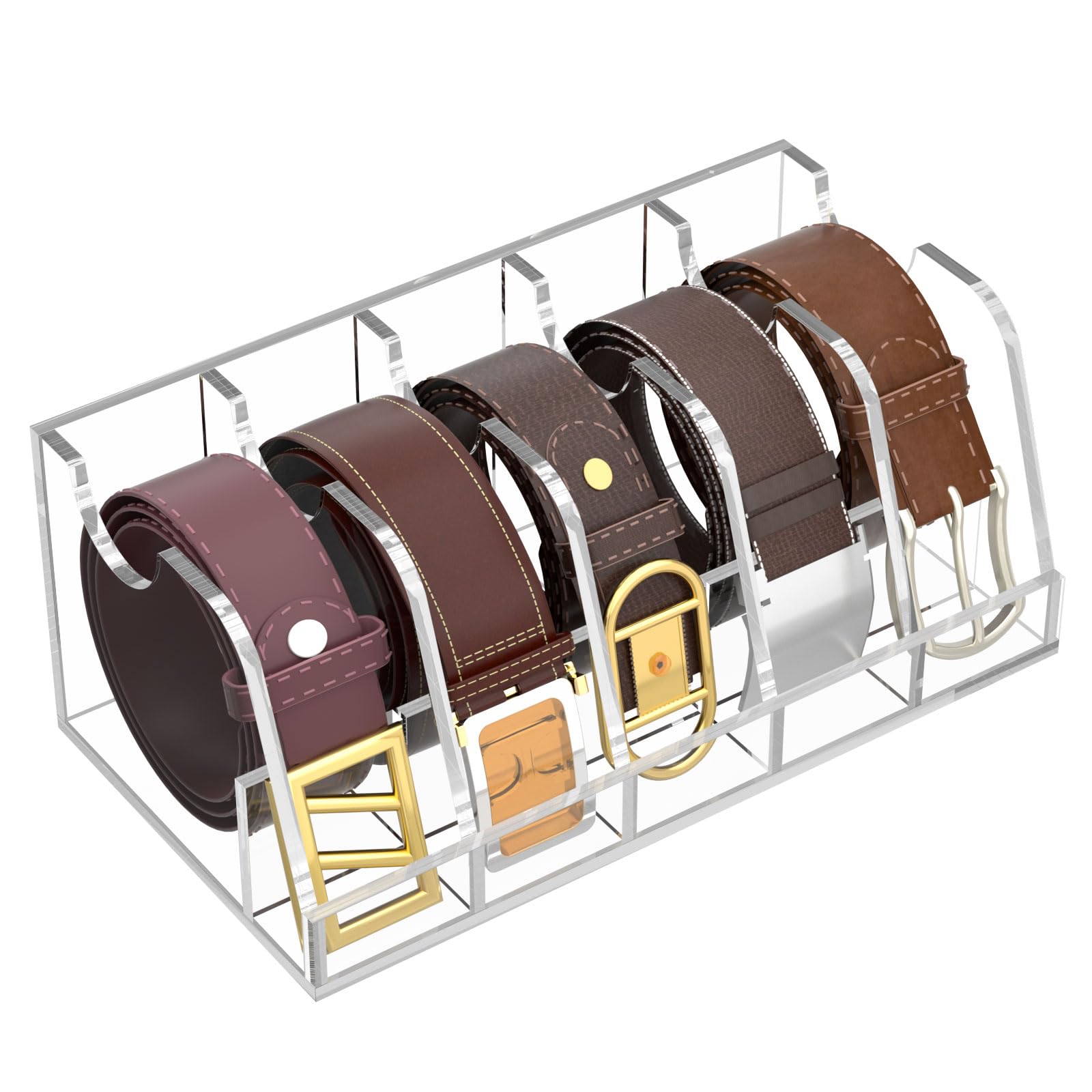 Niubee Belt Organizer, Acrylic Belt Storage Holder For The Closet And Drawer, 5 Compartments Belt Box With Display Stand